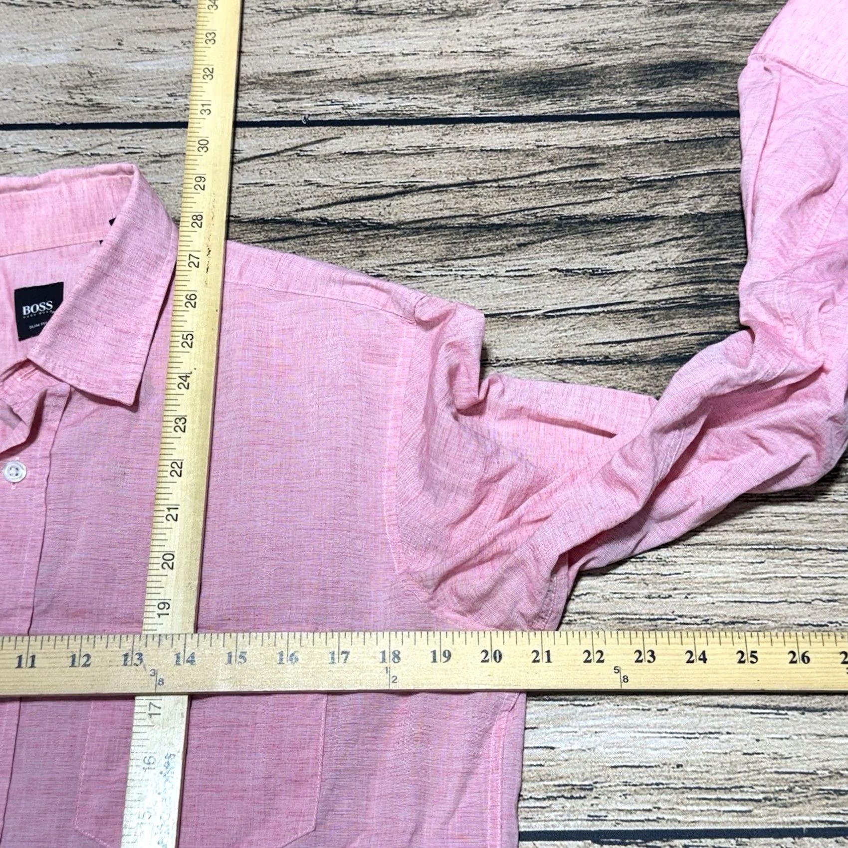 Hugo Boss HUGO BOSS Shirt Mens M Pink Slim Button-Up Collared Pocket Lightweight Cotton Linen Pockets Slim Size US M / EU 48-50 / 2 - 6 Thumbnail