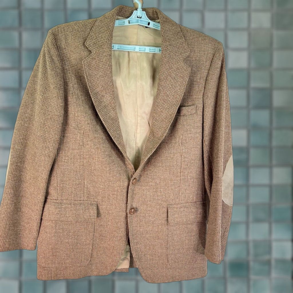 VINTAGE Farah Blazer Shirt Jacket Brown 100% Wool Tweed Sports Jacket SZ 42L Lined Patch Elbows Mens JACKET