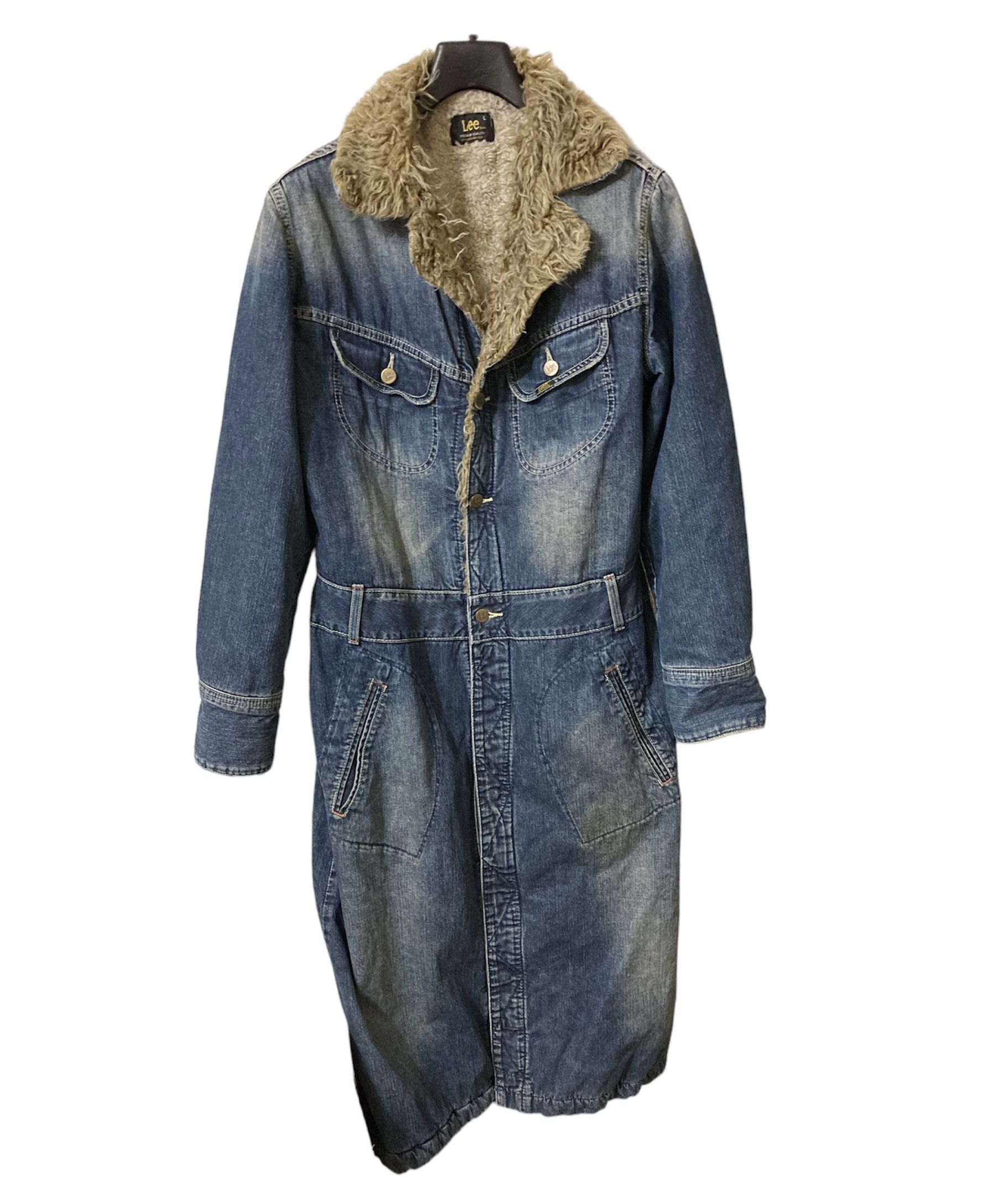 Image of Vintage 90's Denim Lee Long Furry Coat Afghan Fur Lined -L in Blue, Women's (Size Large)