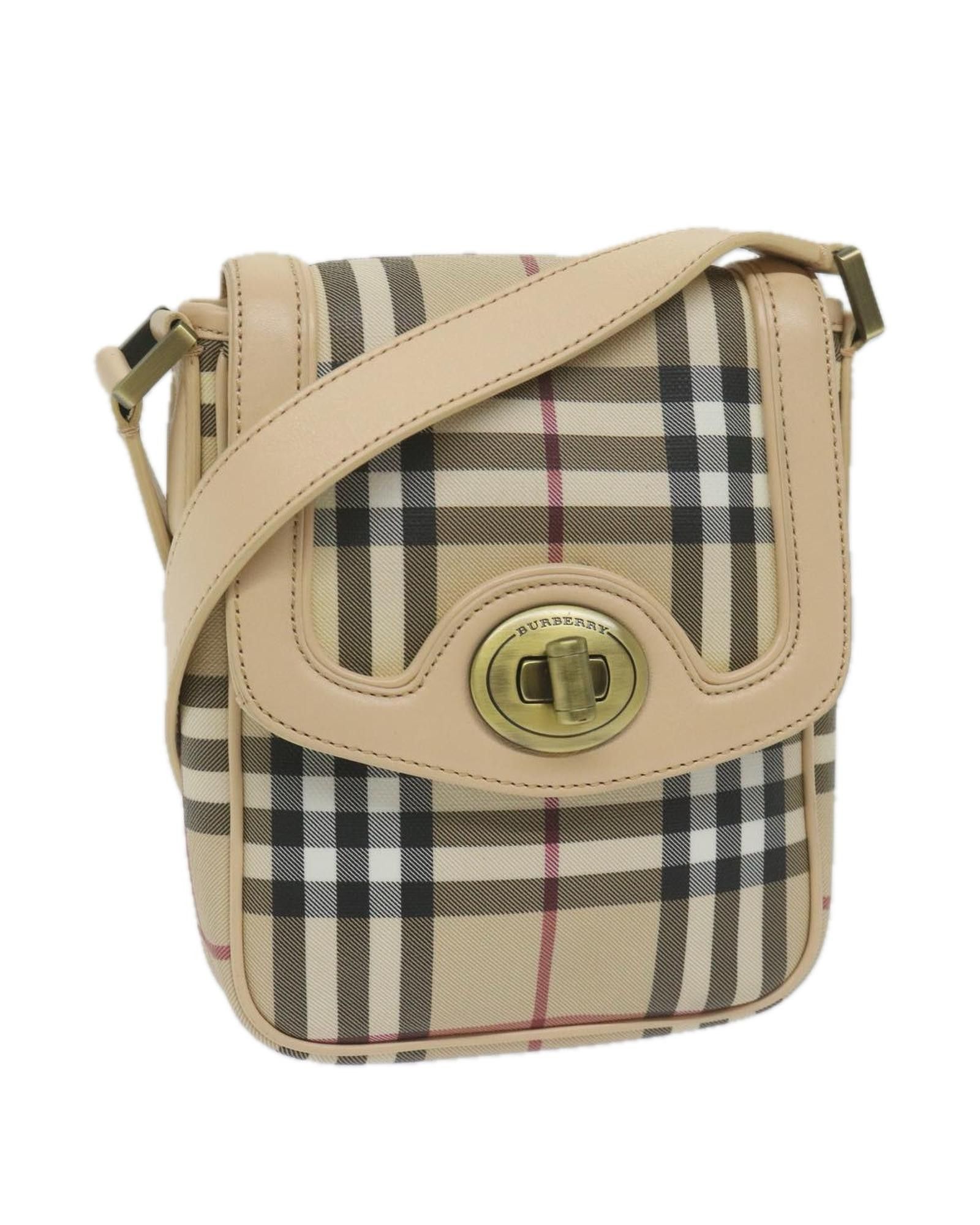 image of Burberry Beige Pvc Leather Shoulder Bag With Nova Check Design - Authentic, Women's