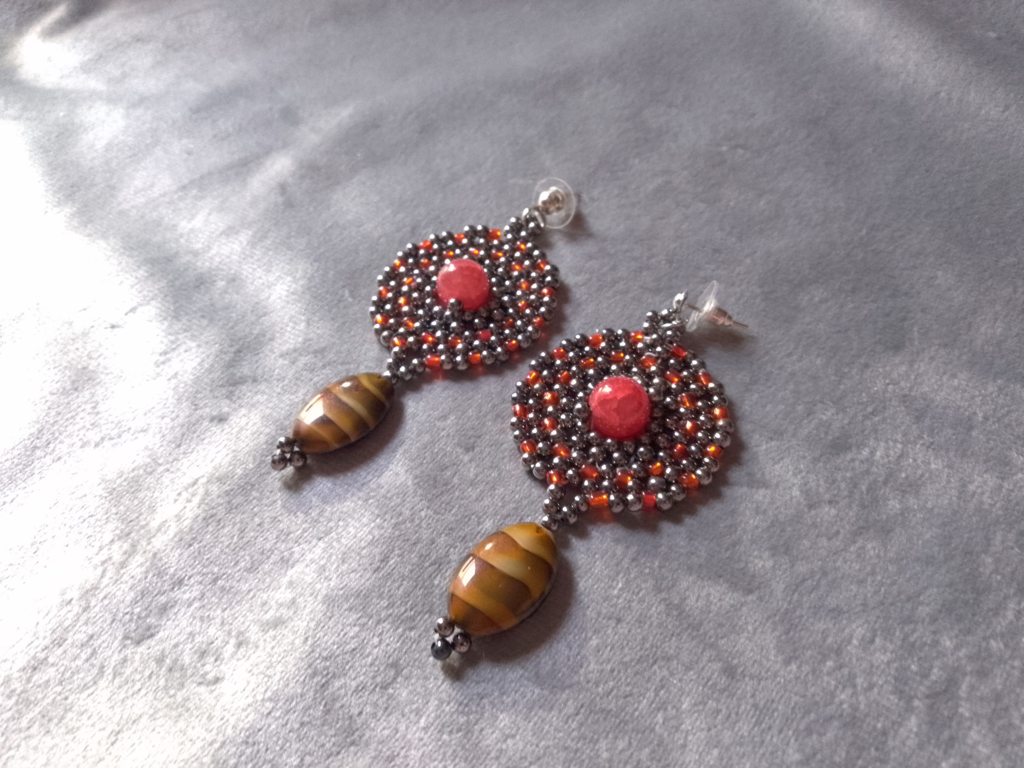 Handmade Earrings Vintage brass Long Red agate+eye of tiger gemstones Size ONE SIZE - 4 Thumbnail