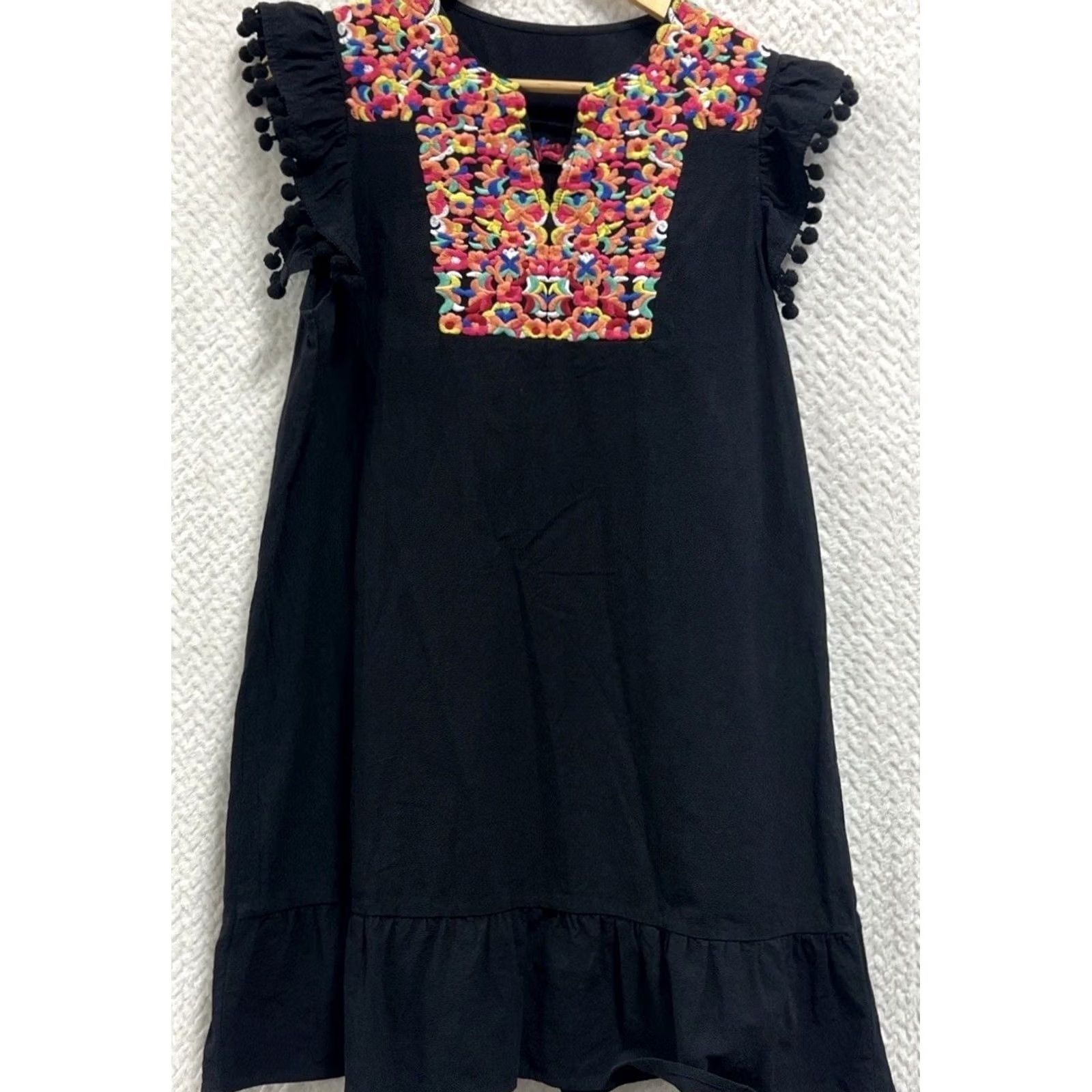 Vintage VINTAGE Boho Embroidered Shift Dress XL 12 Pom Pom Flutter Sleeve Mini Bohemian Festival Size XL / US 12-14 / IT 48-50 - 4 Thumbnail
