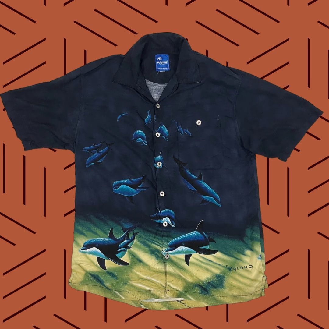 Vintage VINTAGE AFTCO Shirt Men L / XL Bluewater Wyland Signature Blue Dolphin Hawaiian Camp AOP Shirt Size US L / EU 52-54 / 3 - 1 Thumbnail
