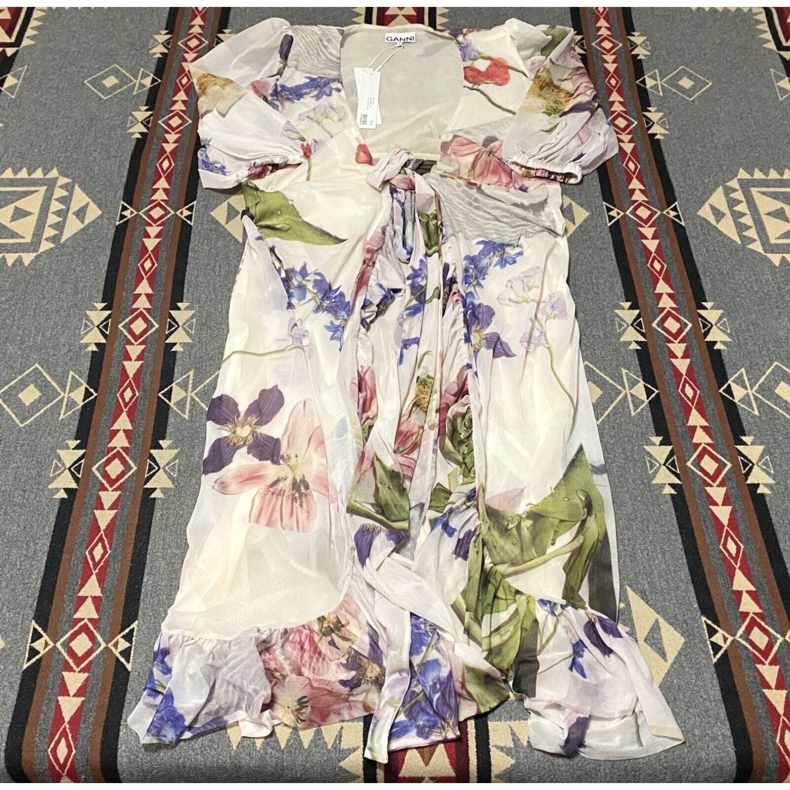 image of Ganni Printed Mesh Floral Straight Maxi Dress Size 38 / Medium NWT Polyamide T69 in White, Women's