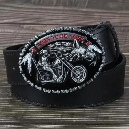 image of Leather Motorcycle And Wolf Buckle Fashion Decorative Belt in Black, Men's