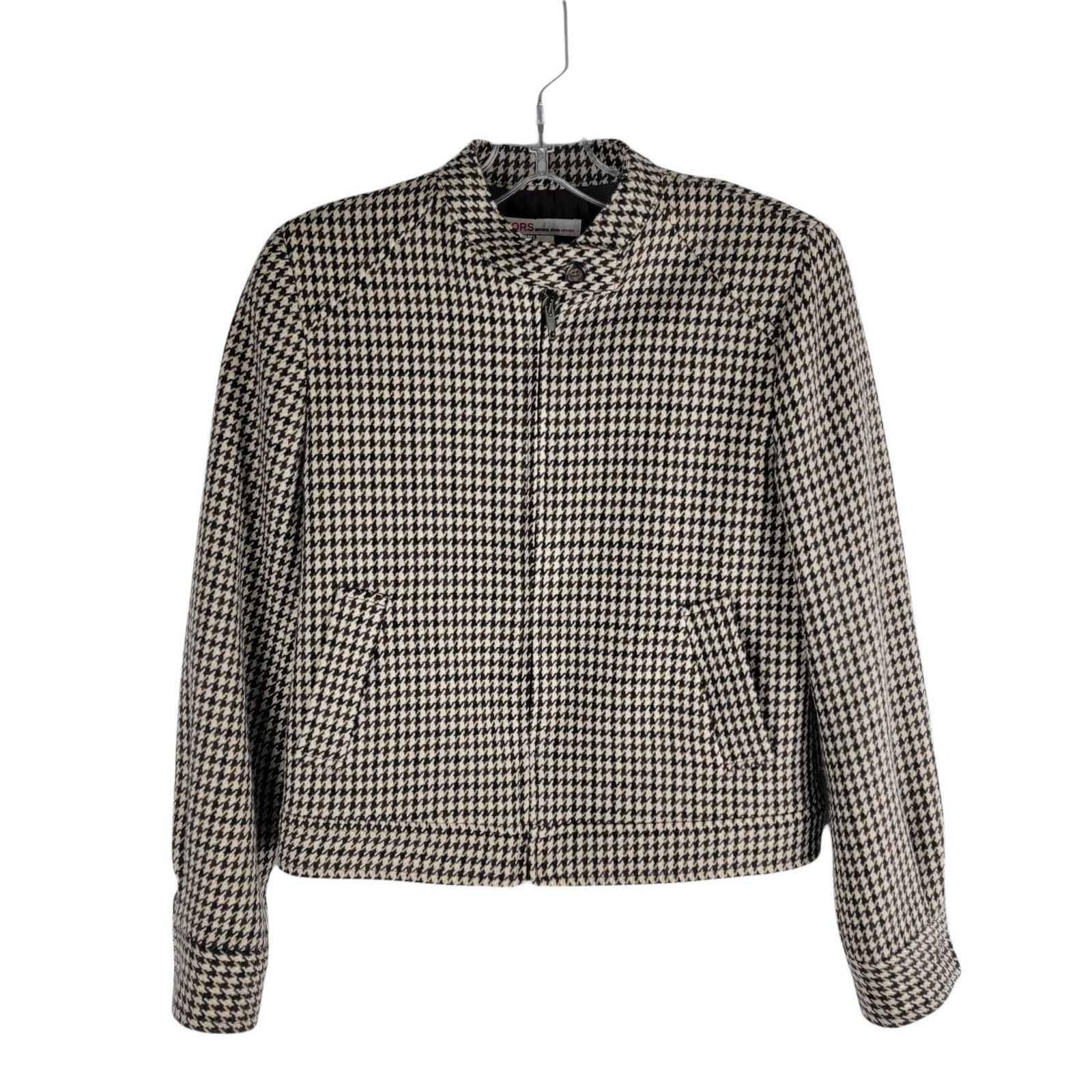 image of Vintage Kors Michael Kors Wool Houndstooth Moto Jacket 4P in Tan, Women's (Size Small)