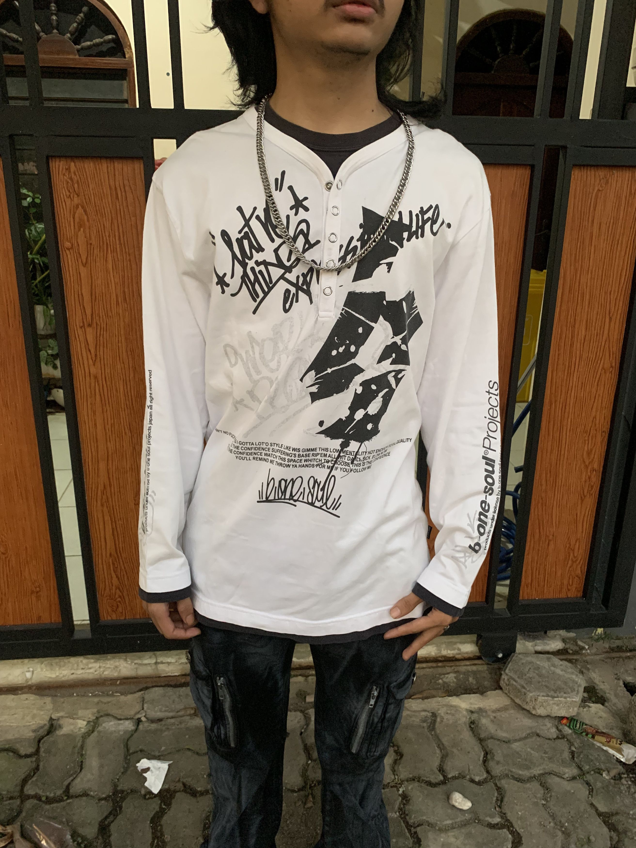 Japanese Brand Y2K B-One-Soul Projects Grunge White Poem Henley LongSleeve Size US L / EU 52-54 / 3 - 7 Thumbnail