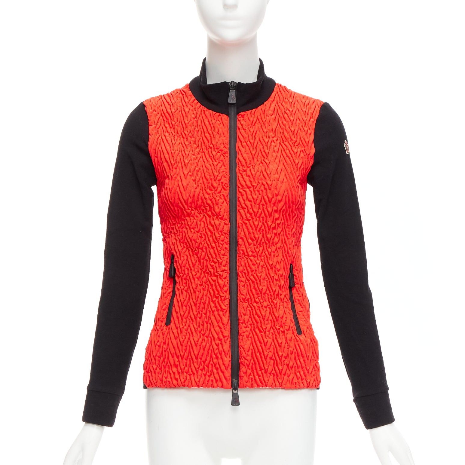 Moncler MONCLER bright red orange chevron plisse front logo arm zip fitted jacket XS Size XS / US 0-2 / IT 36-38 - 1 Thumbnail