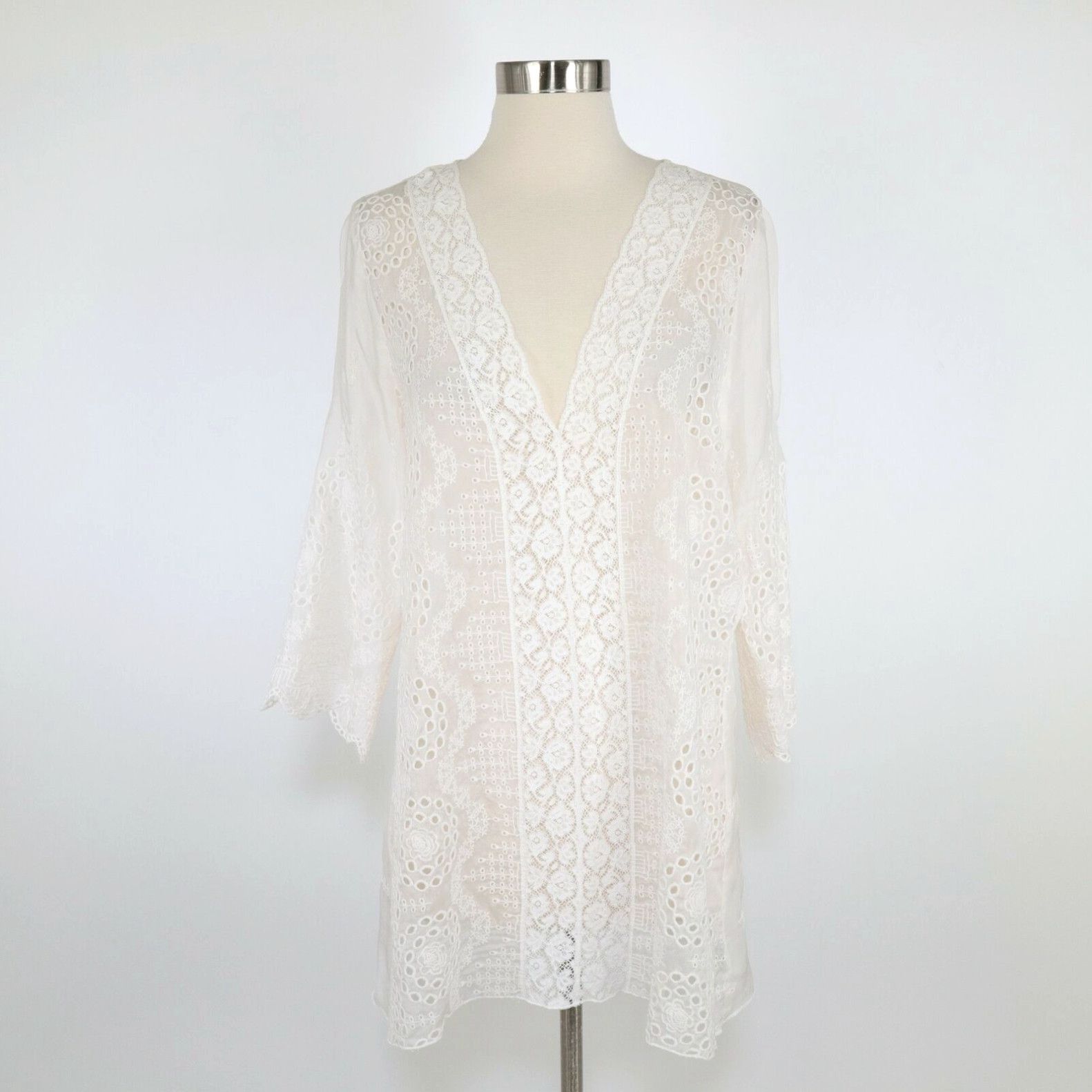 image of Vintage 4 Love & Liberty Silk Tunic Top Womens Xs Eyelet Lace Ivory White Sheer Romantic