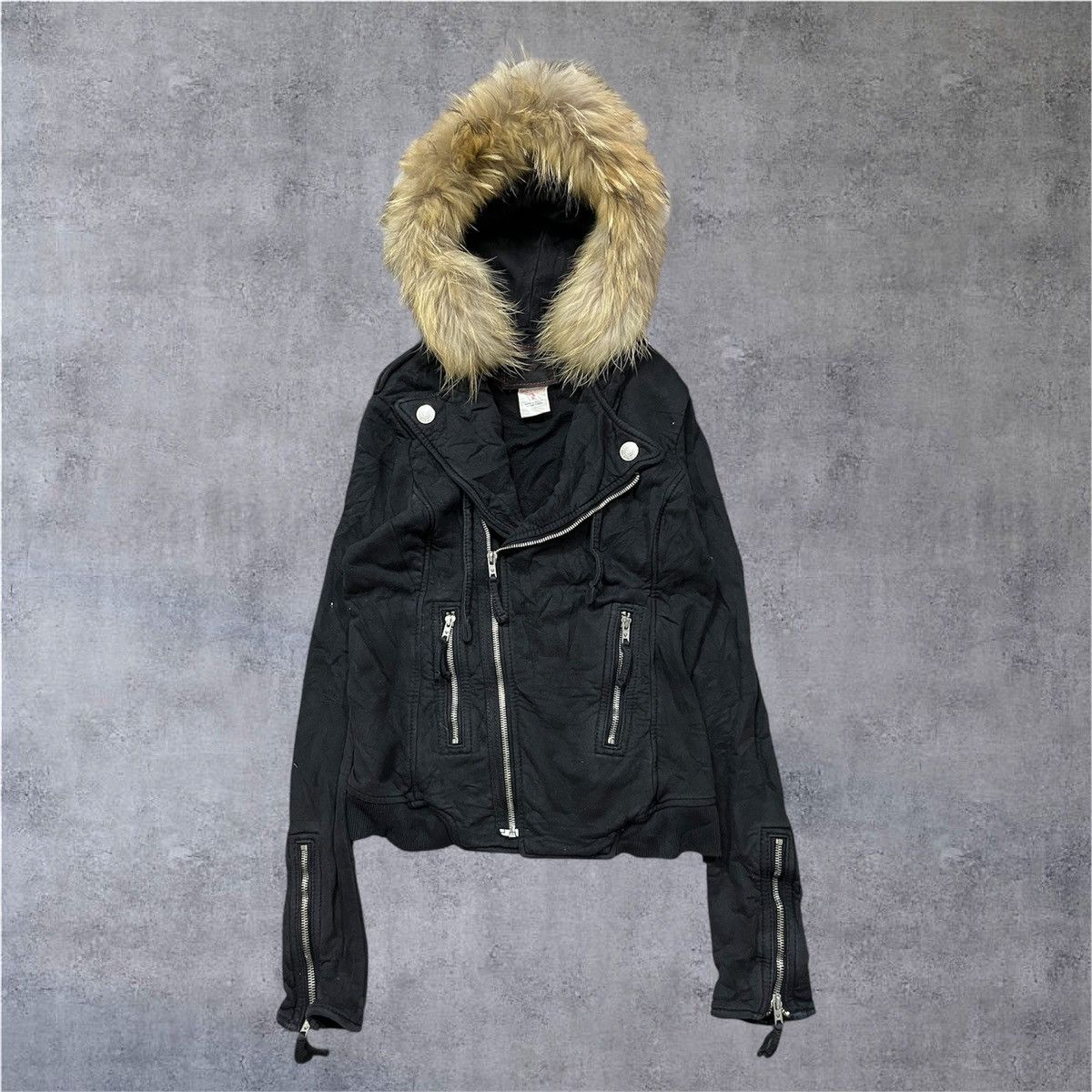 2000s True religion faux fur punk moto jacket hoodie