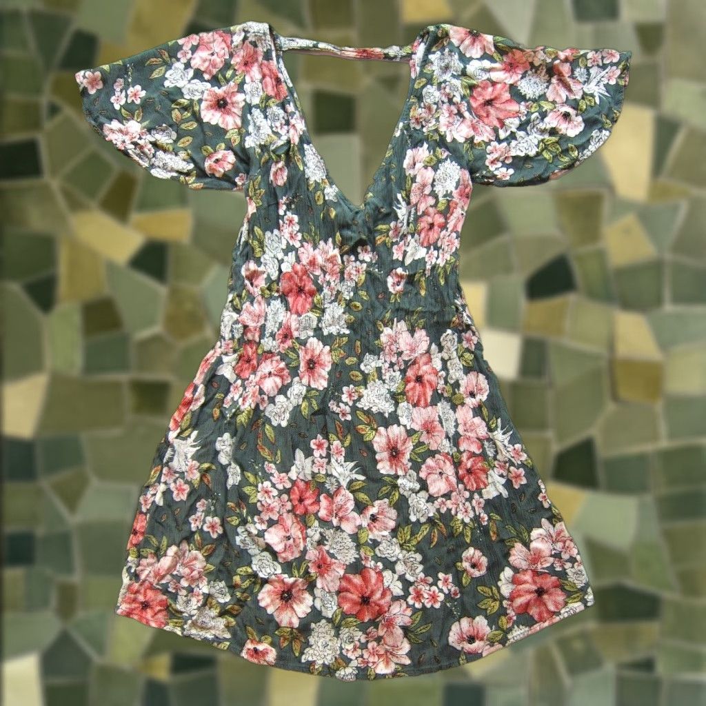 Billabong Billabong 100% Rayon Green Pink Floral V-Neck Short Sleeve Dress Small Size 28" / US 6 / IT 42 - 1 Thumbnail