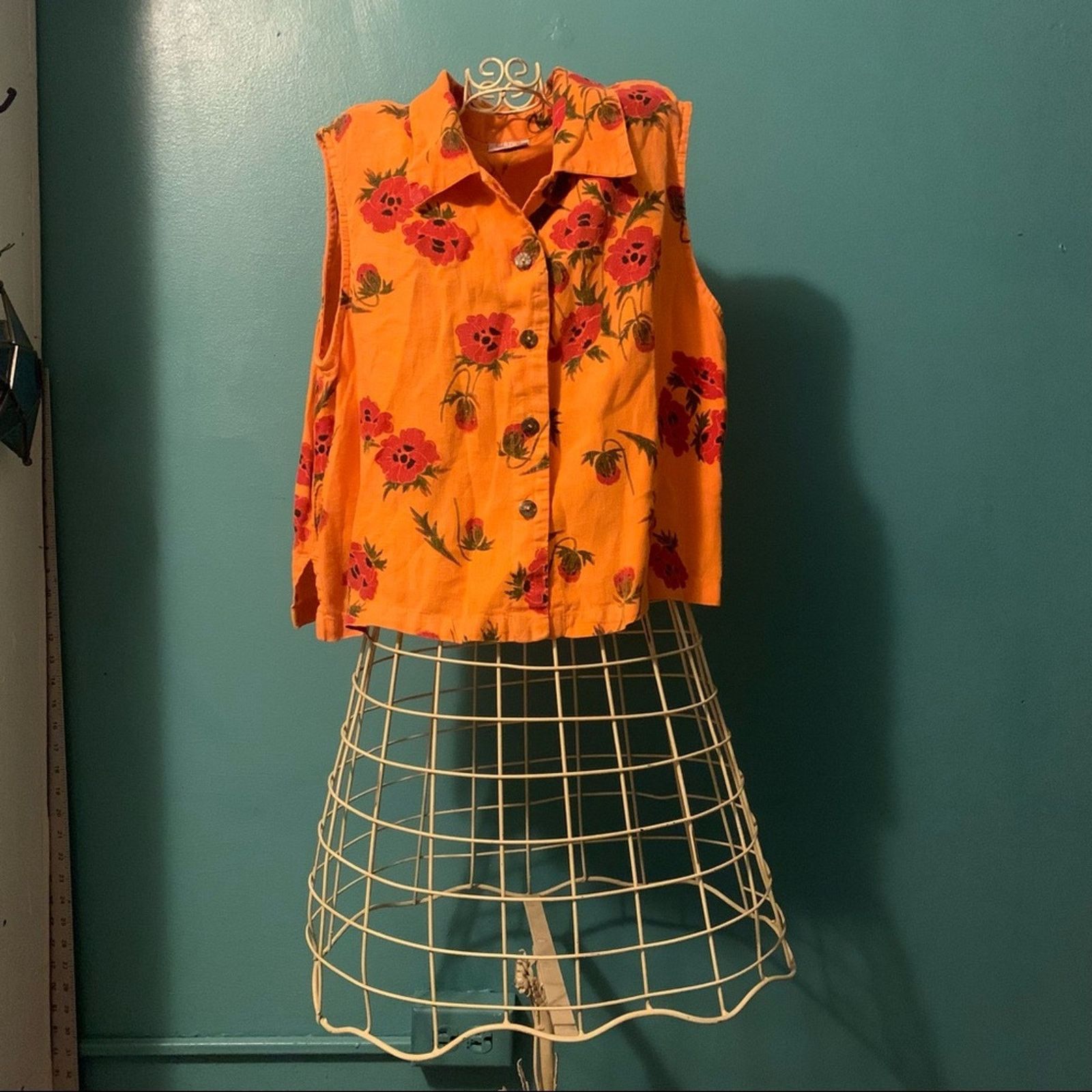 Vintage VTG click orange floral sleeveless Button Up Blouse m Size M / US 6-8 / IT 42-44 - 1 Thumbnail