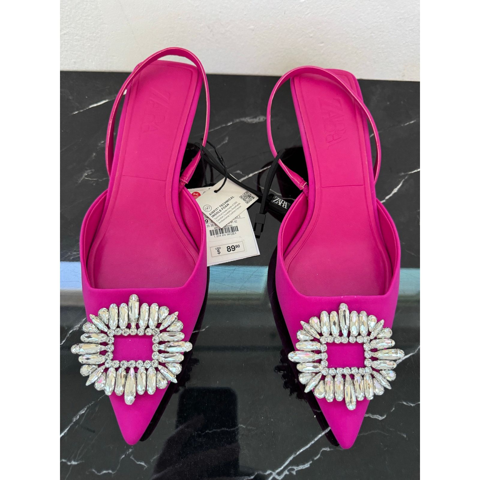Zara Zara Hot Pink Rhinestone Pointed Toe Slingback Kitten Heel Size US 9 / IT 39 - 2 Thumbnail