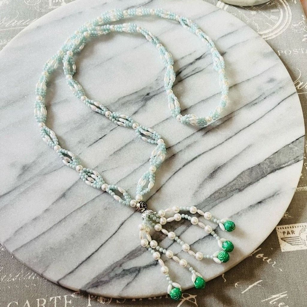 Vintage Vintage Faux Pearl Beaded Necklace Blue White Green Rose Size ONE SIZE - 1 Thumbnail