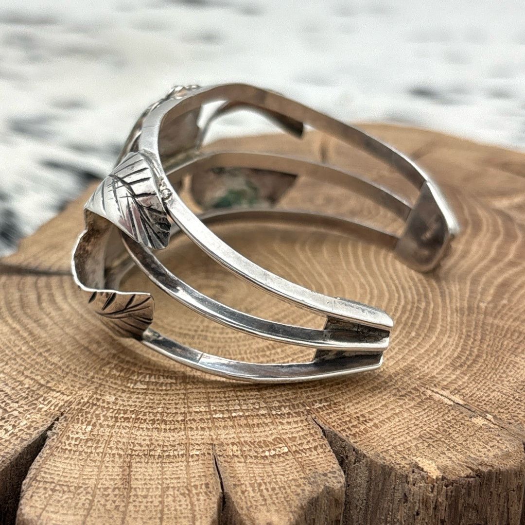 Native 1980s NAVAJO Sterling Turquoise Cuff Bracelet Double Leaves Size ONE SIZE - 3 Thumbnail