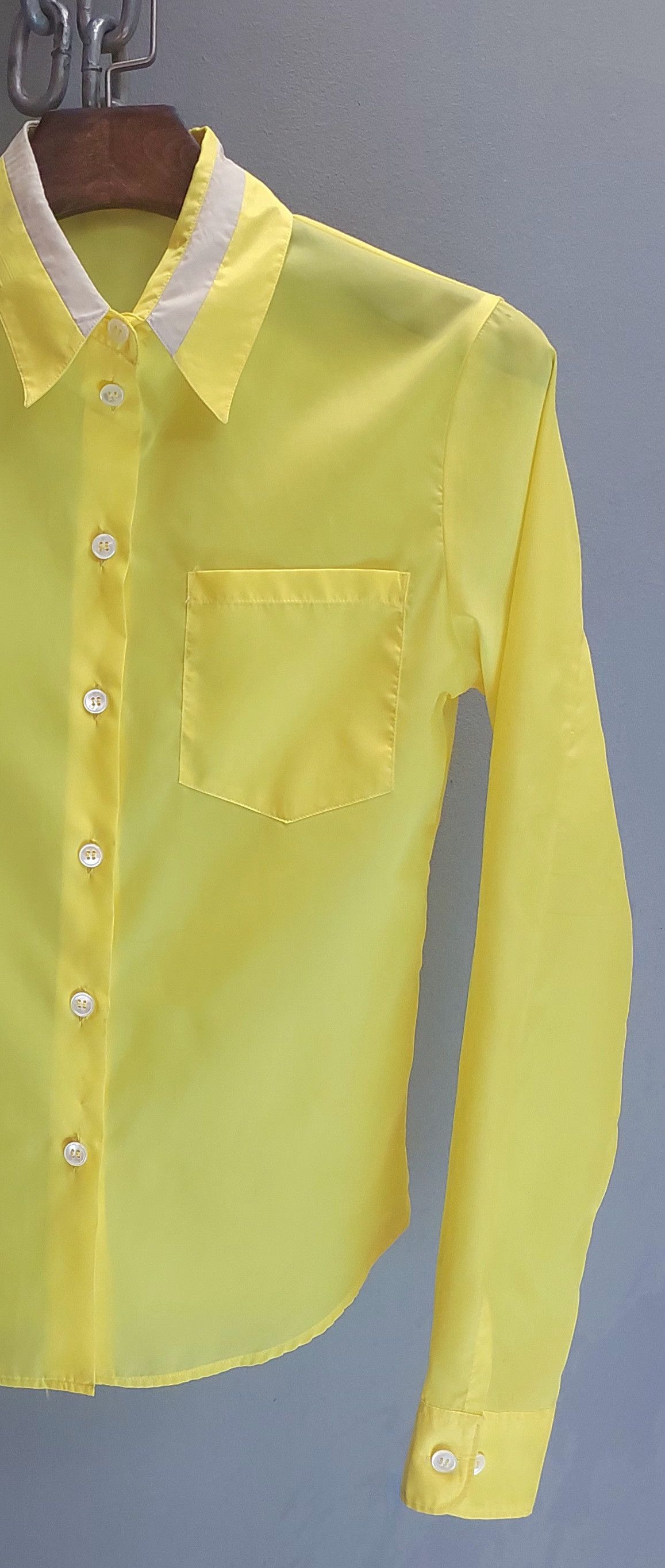 Helmut Lang Vintage Bright Yellow Sheer Shirt with Contrast Collar Size XS / US 0-2 / IT 36-38 - 3 Thumbnail