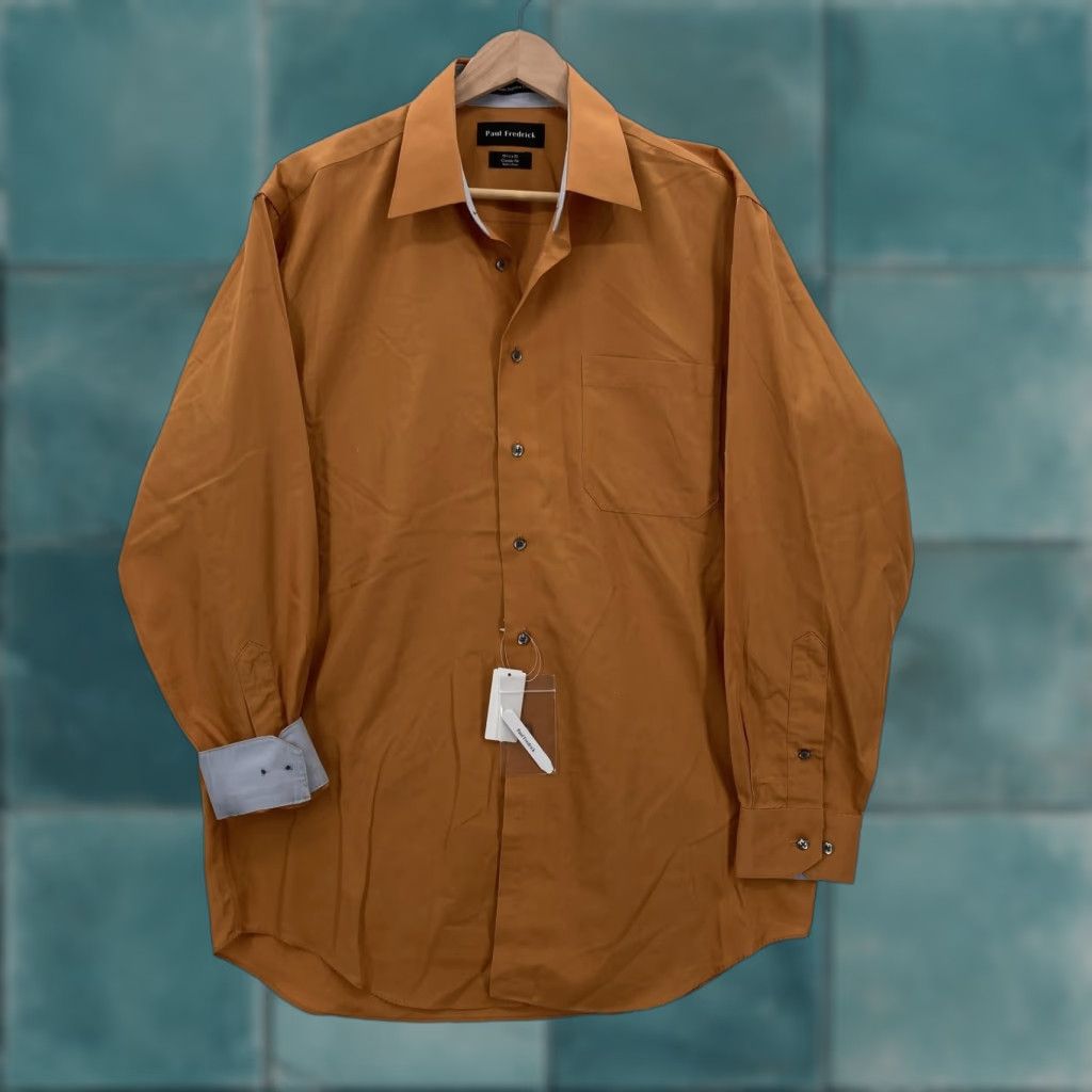 Vintage Paul Fredrick Shirt Mens 15.5 x 33 Bronze Non Iron Supima Cotton Classic Fit NWT Dress Shirt Long Sleeve Belted Cuff Size US L / EU 52-54 / 3 - 1 Thumbnail