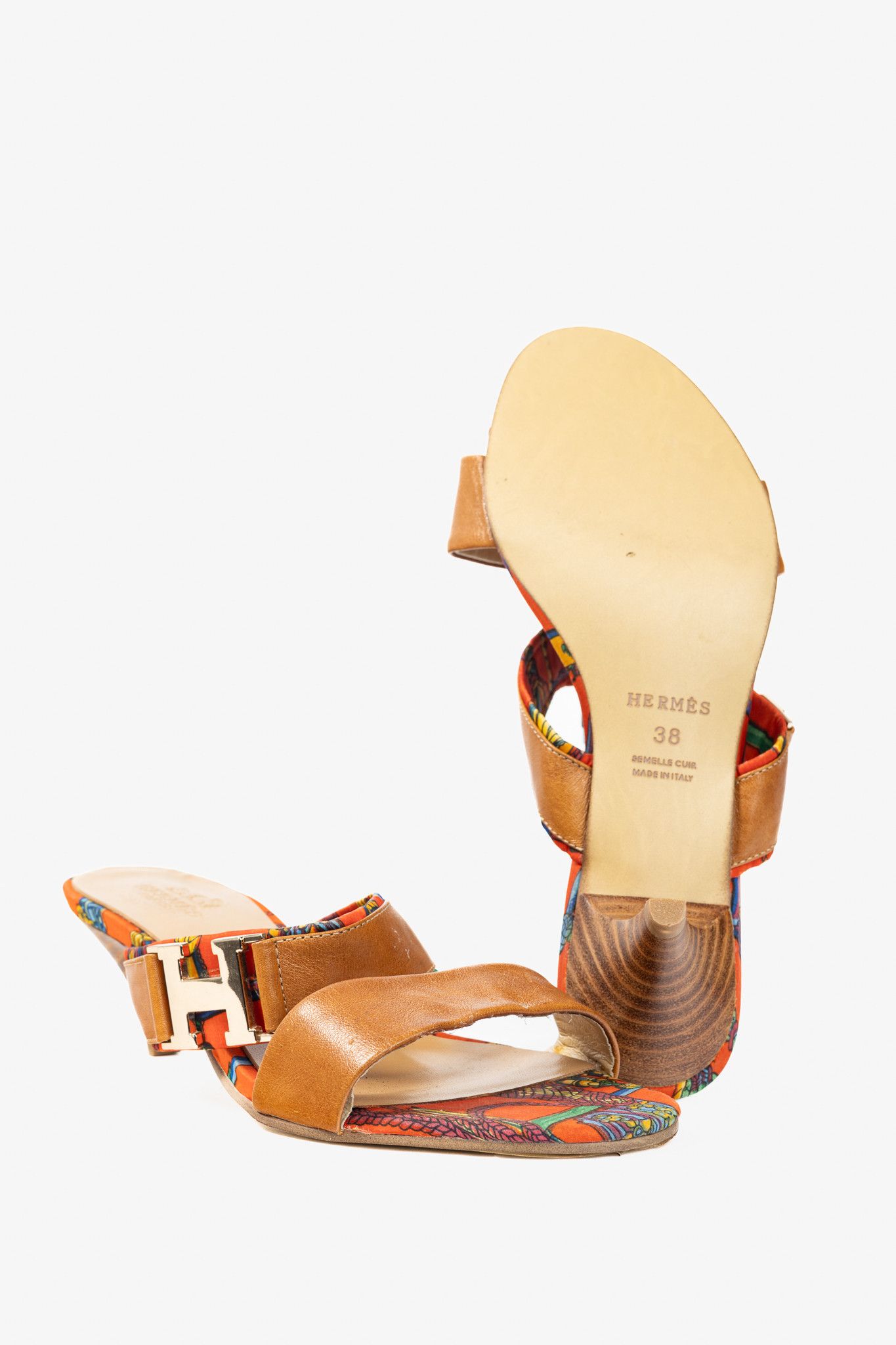 Hermes Hermes Brown Leather & Orange Printed-Silk Mule Sandals Size US 7.5 / IT 37.5 - 5 Thumbnail