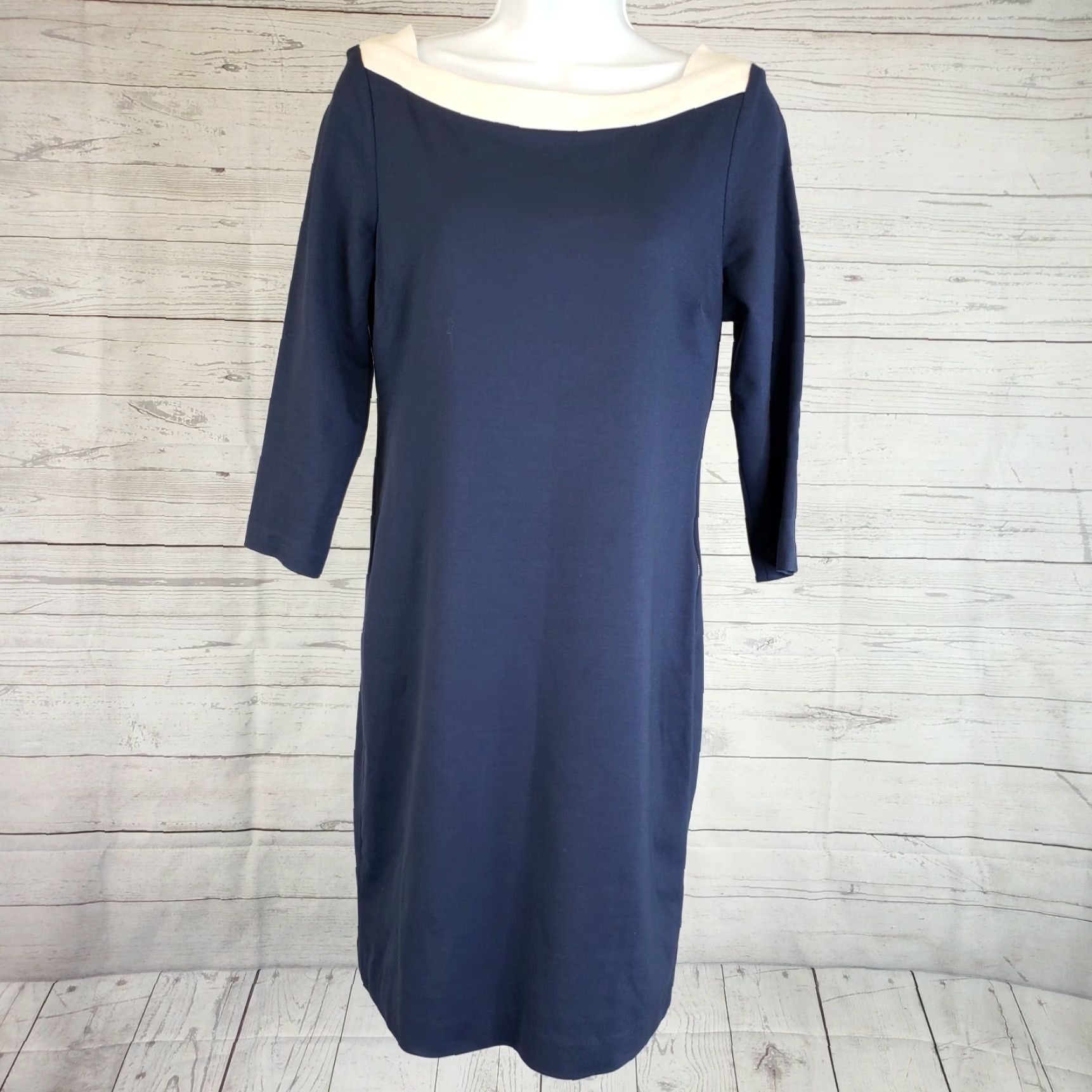 Banana Republic Banana Republic Dress Womens 2 Blue Ivory Boatneck 3/4 Sleeve Rayon Blend Dress Mens Womens Size XS / US 0-2 / IT 36-38 - 2 Thumbnail