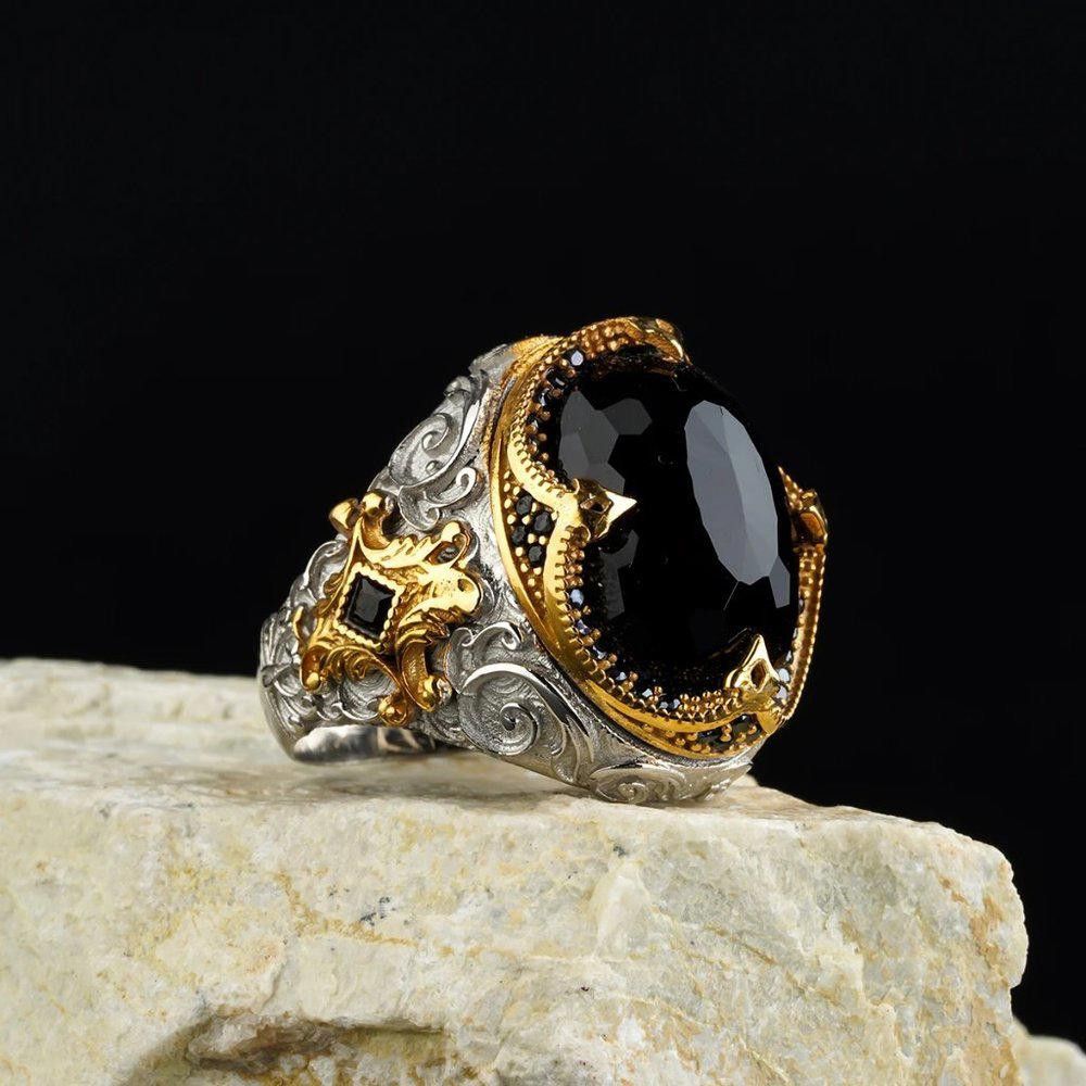 Designer Men's 925 Sterling Silver Black Diamond Handmade Ring Size ONE SIZE - 8 Thumbnail