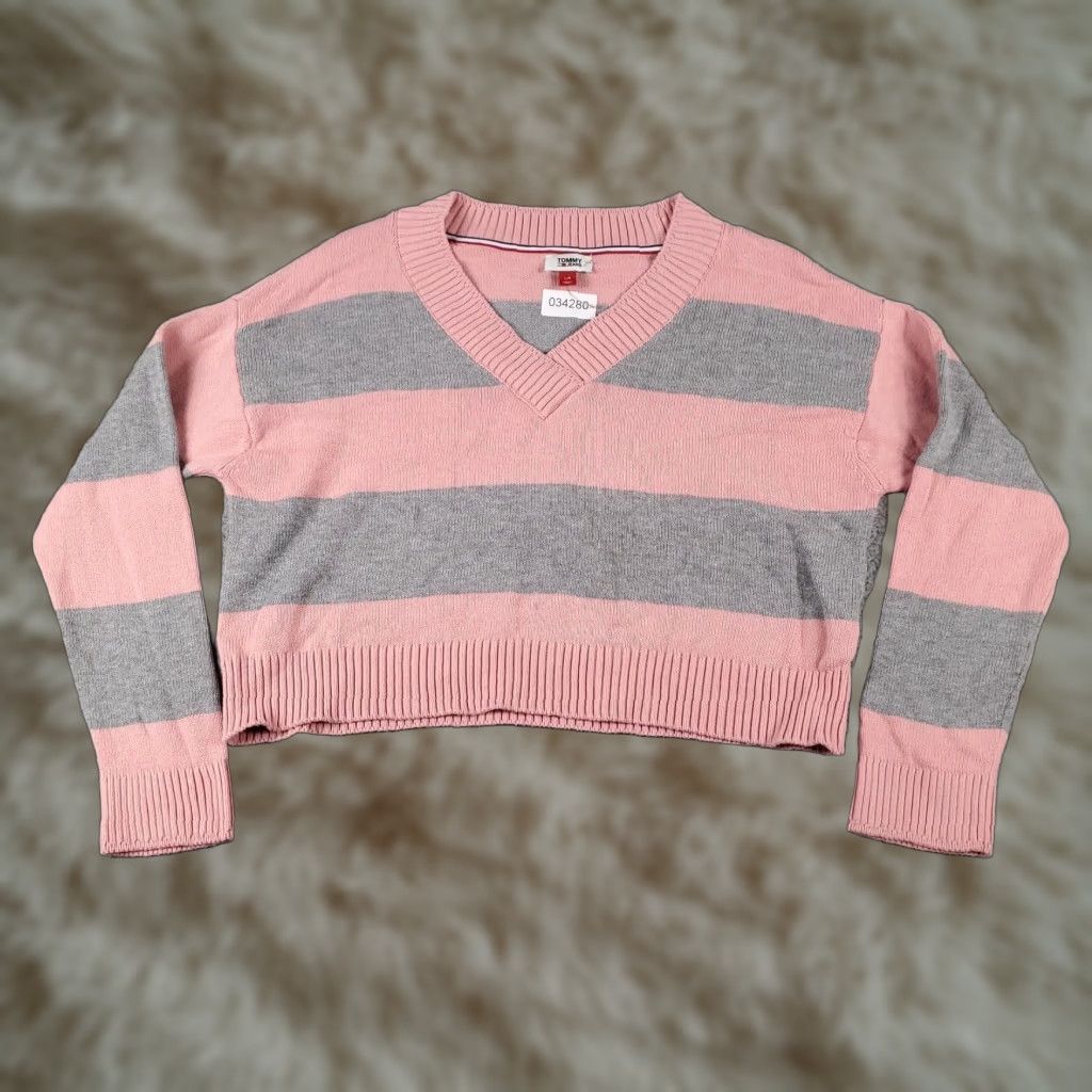Tommy Hilfiger Tommy Hilfiger Women's Pink Striped V-Neck Pullover Sweater Large Size L / US 10 / IT 46 - 1 Thumbnail