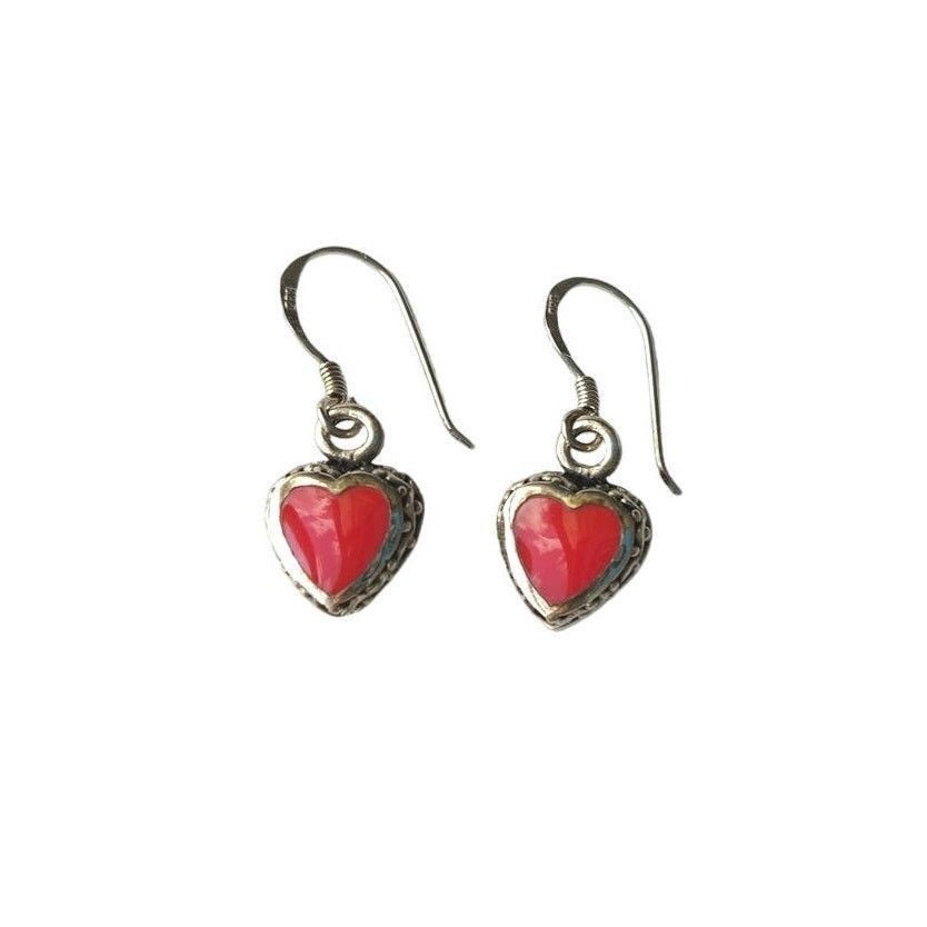 The Unbranded Brand Signed H Red Coral Heart Dangle Earrings Sterling Silver Size ONE SIZE - 1 Preview