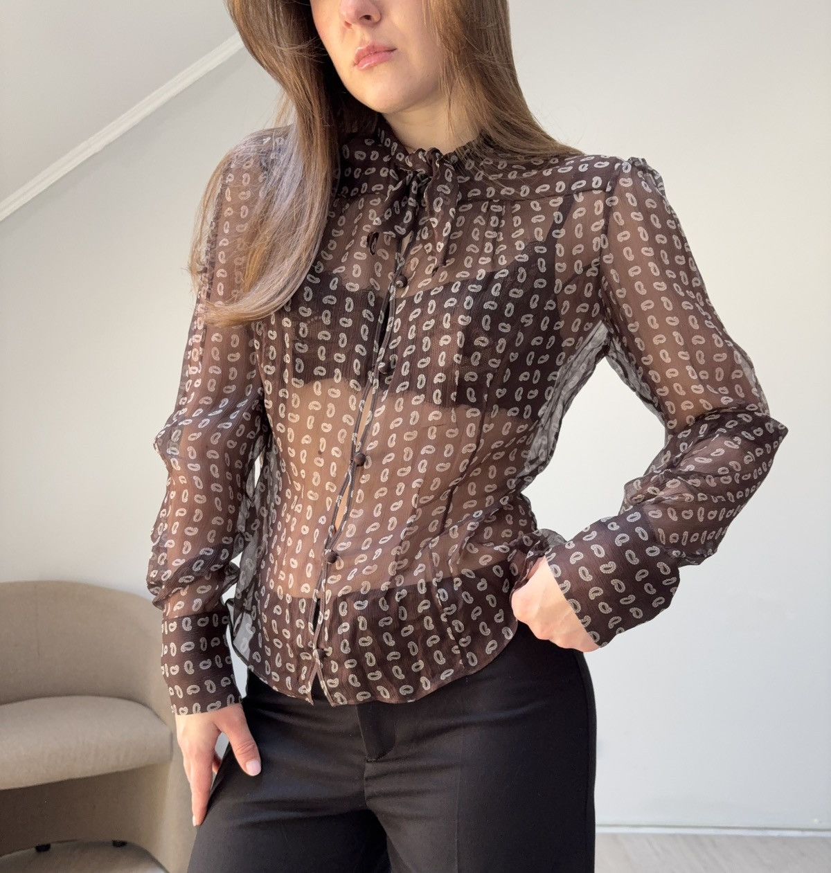 Prada Prada Paisley Print Silk Chiffon Sheer Blouse Brown Size 44 Size S / US 4 / IT 40 - 1 Thumbnail