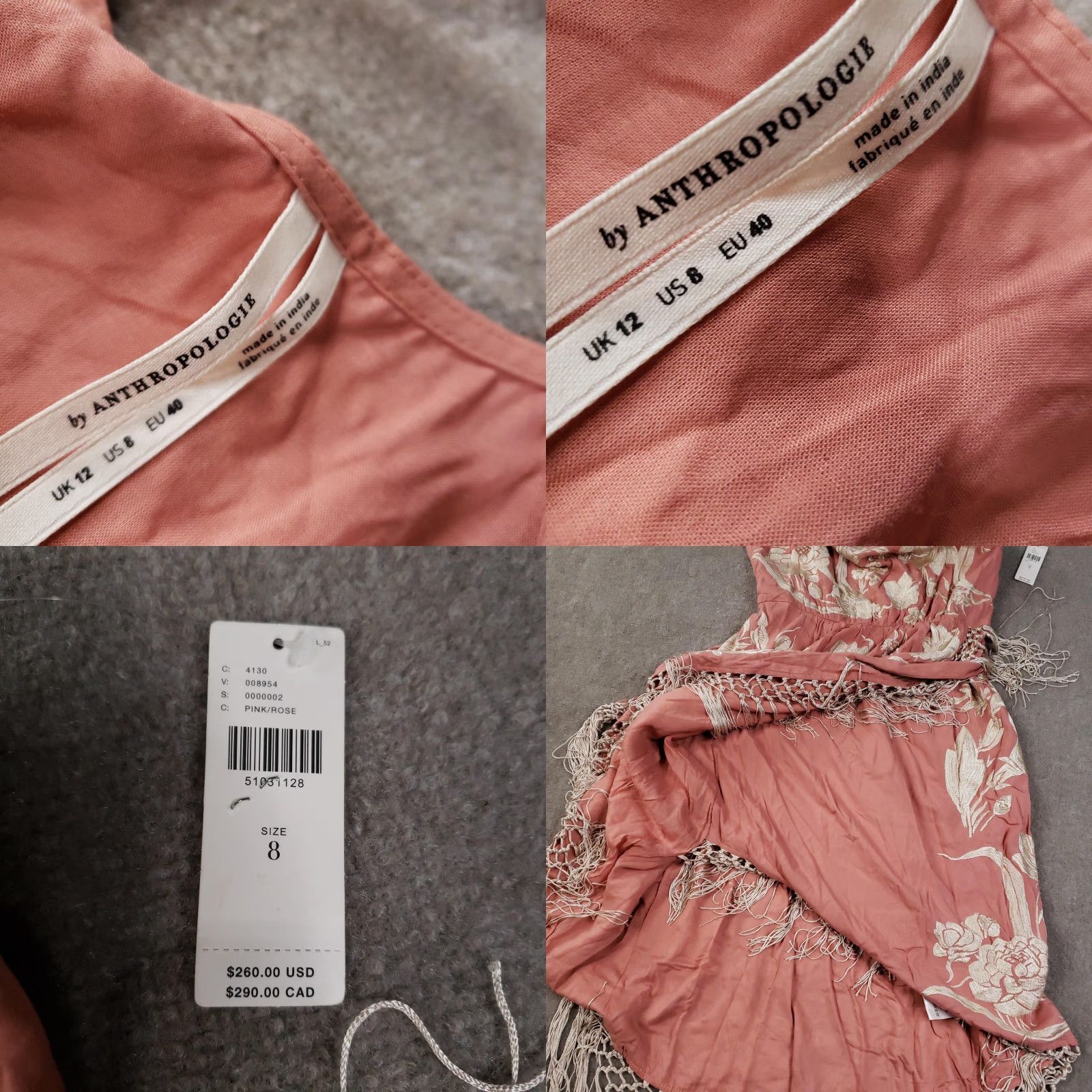Anthropologie Anthropologie Dress Womens 8 Pink Rose Halter Embroidered Floral Fringe Hem Belt Size M / US 6-8 / IT 42-44 - 8 Thumbnail