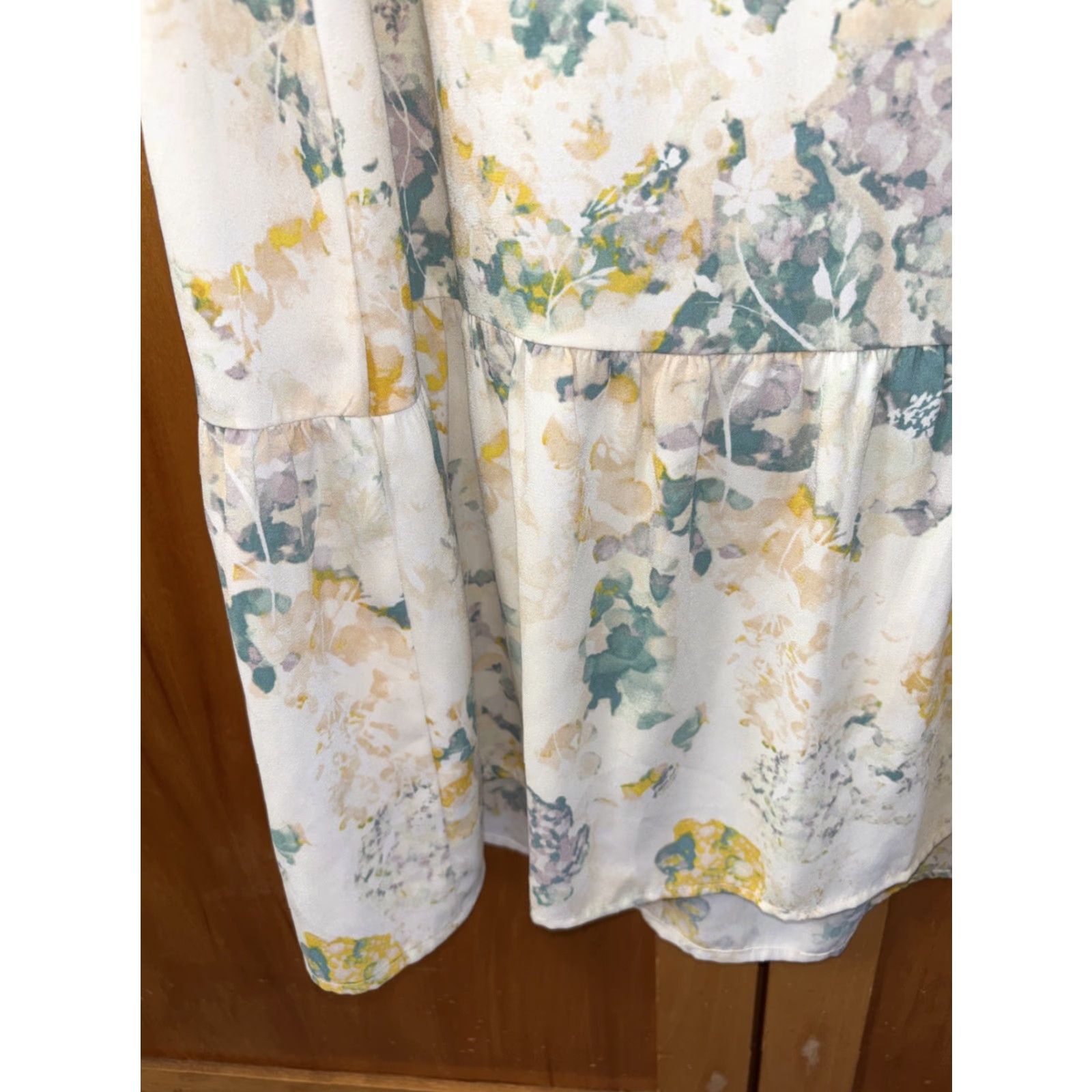 Vintage A New Day Women Ivory Casual Dress L Drop Waist Floral V Neck Short Sleeve Size 36" / US 14 / IT 50 - 4 Thumbnail