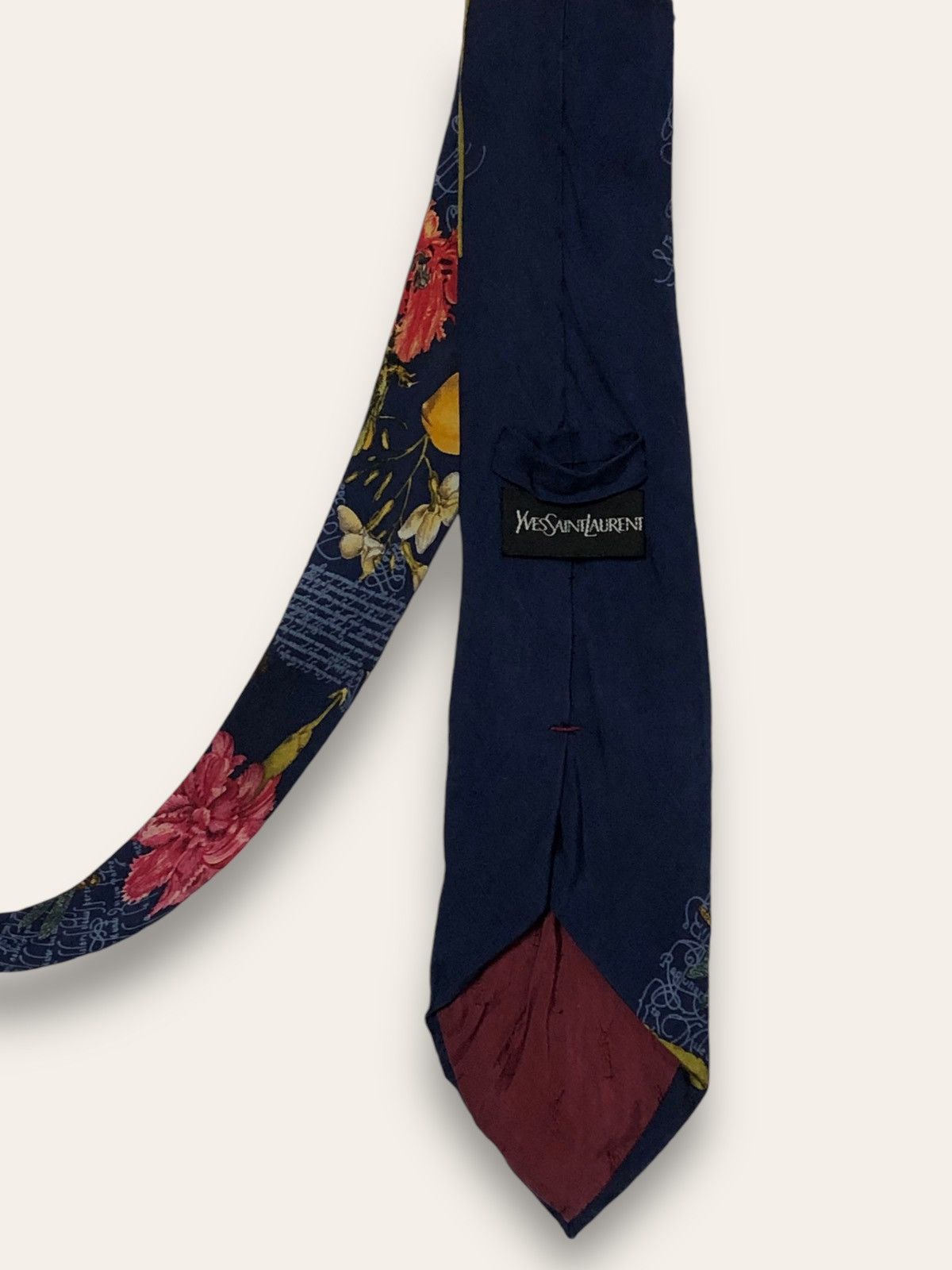Vintage 90s Vintage YVES SAINT LAURENT Flower Overprint Navy Tie Size ONE SIZE - 2 Thumbnail