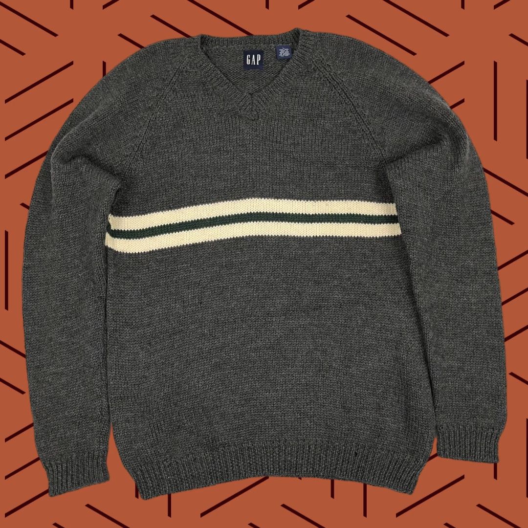 VINTAGE Gap Sweater Mens Large Gray 100% Wool Knit Jumper V-Neck Pullover Academia Y2K