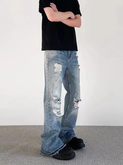 Japanese Brand Street Hip Hop Ripped Straight Leg Micro Flare Jeans Size US 34 / EU 50 - 3 Thumbnail