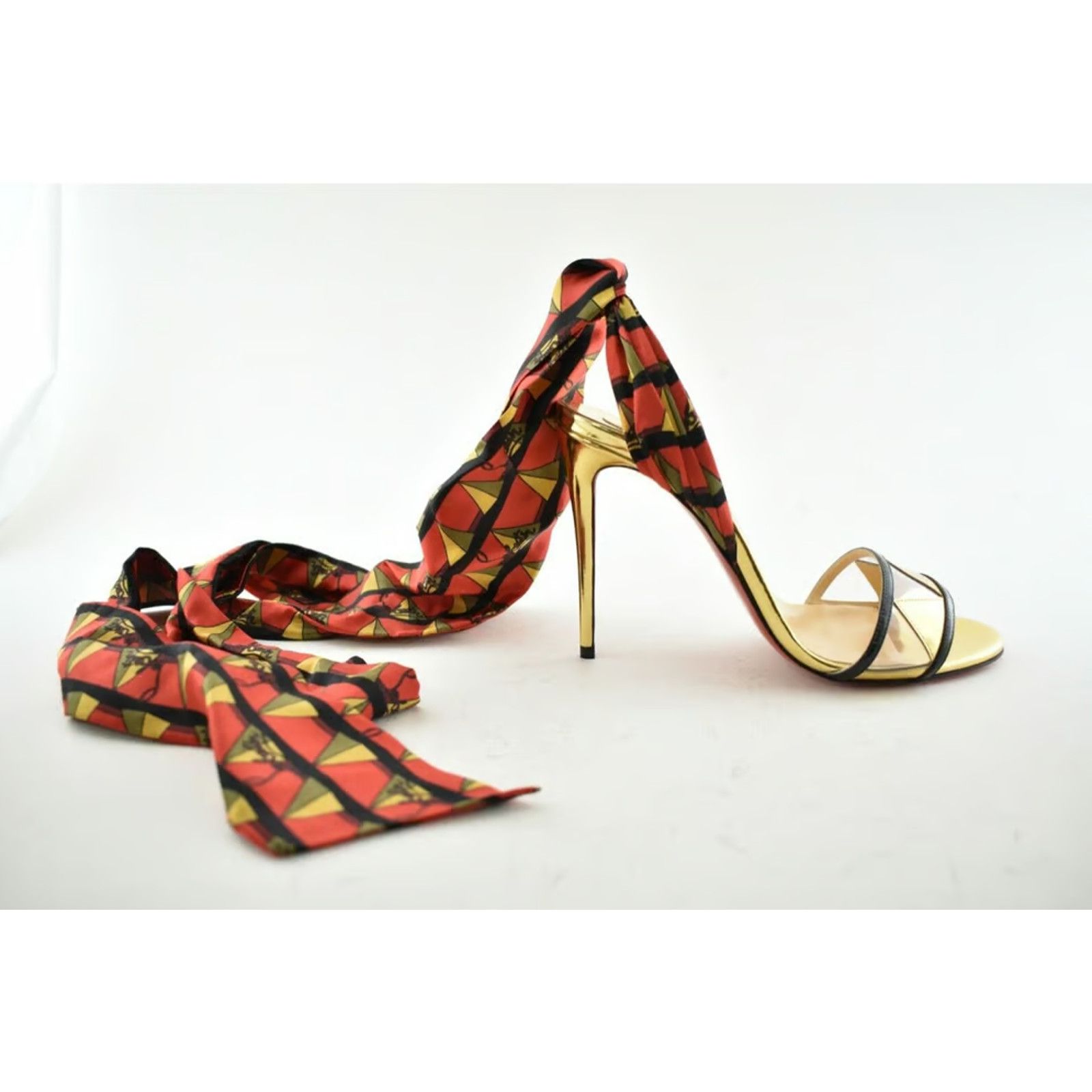 Christian Louboutin Baigneuse 100 Black Gold Red PVC Lace Up Sandal Heel Pump 37 Size US 7 / IT 37 - 2 Thumbnail