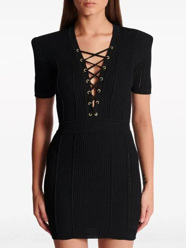 Balmain o1s1wg110825 V-Neck Lace Up Mini Dress in Black Size XL / US 12-14 / IT 48-50 - 5 Thumbnail