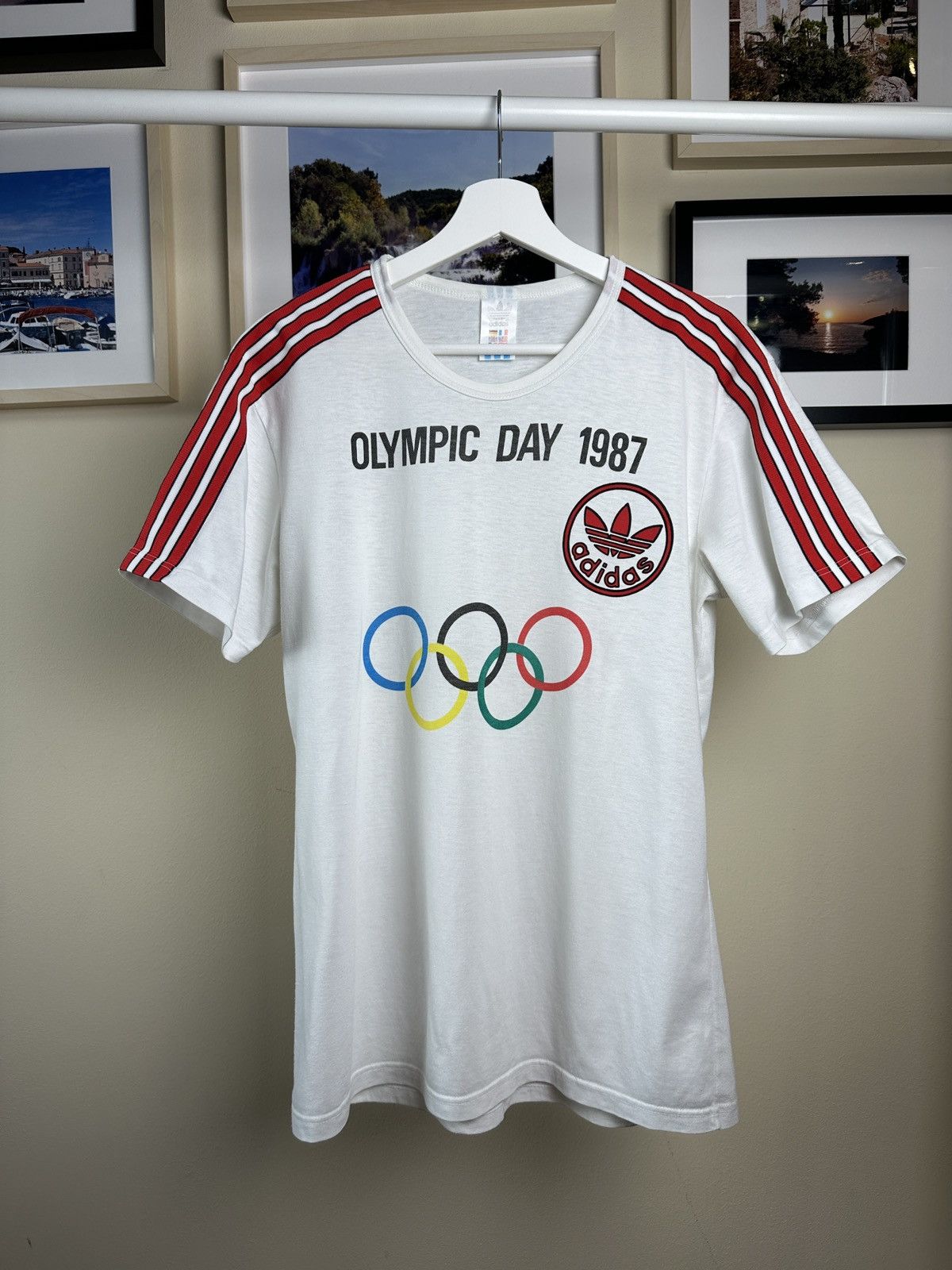 image of Vintage White T-Shirt Olimpic Day 1987 Adidas, Men's (Size Medium)