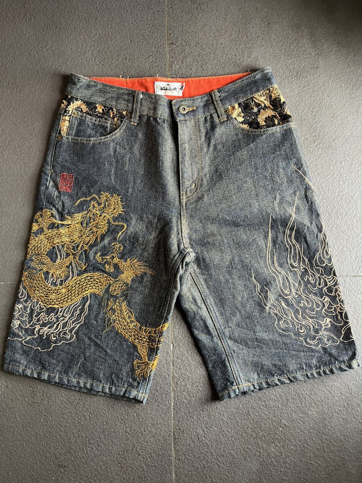 Karakuri Tamashii Dragon and Fire Embroidery Jorts Denim Japanese Size US 32 / EU 48 - 1 Thumbnail