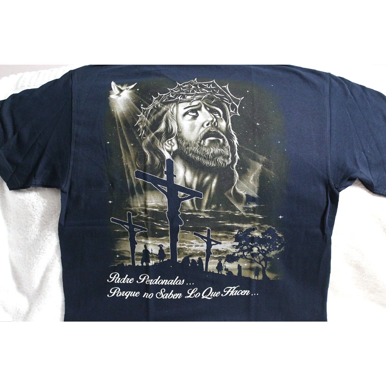 Vintage VINTAGE Jesus Cross Dove Catholic Graphic T-Shirt Unisex Adults Large Dark Blue Religious Theme Size US L / EU 52-54 / 3 - 2 Thumbnail