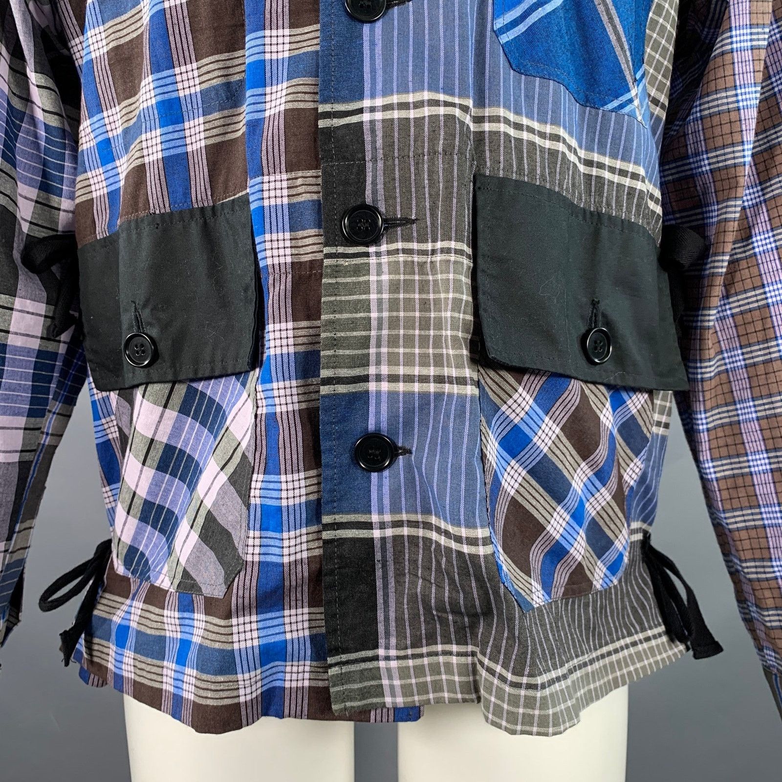 Nicholas Daley M Blue Brown Plaid Cotton Side Ties Shirt Jacket Size US M / EU 48-50 / 2 - 2 Thumbnail