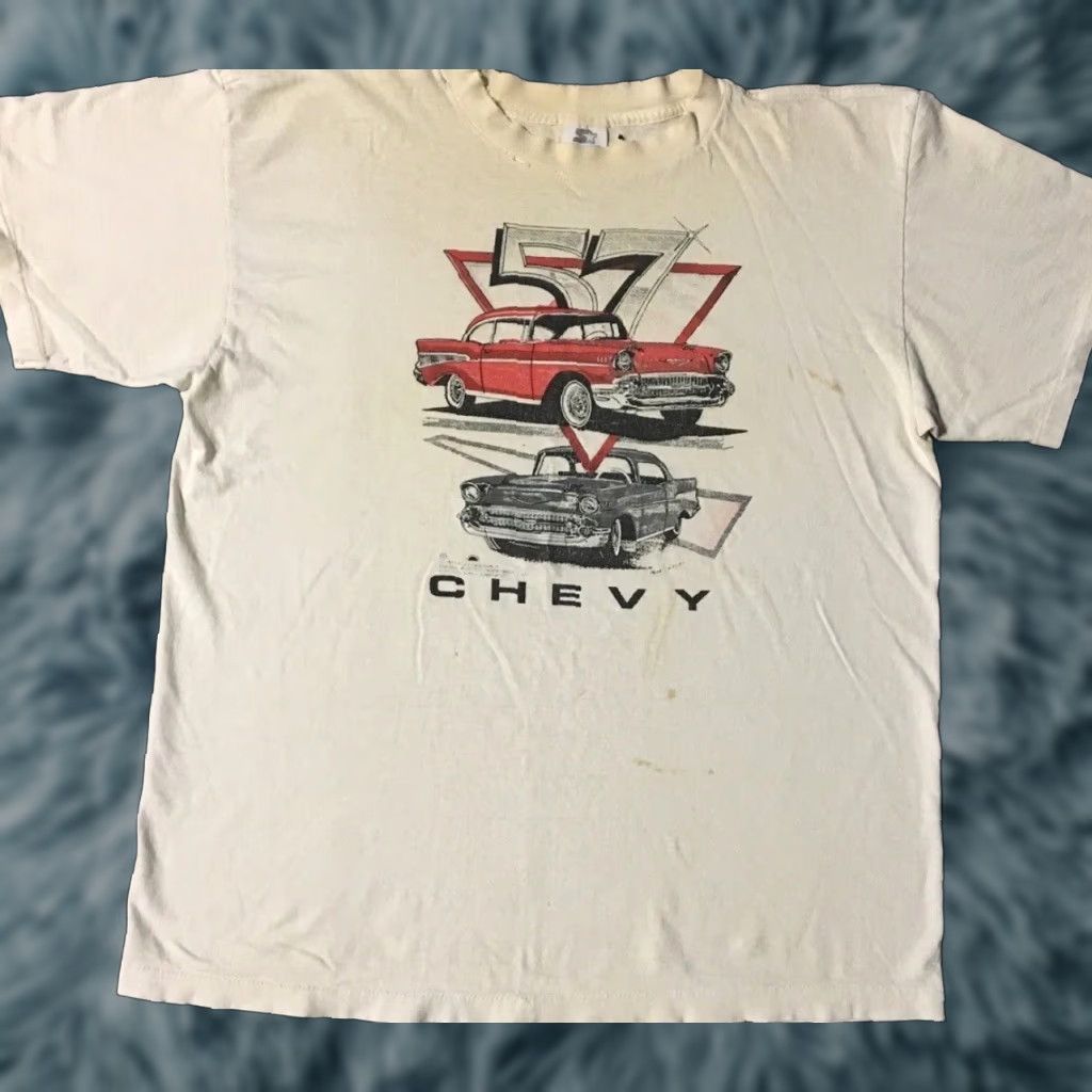 Thrasher VINTAGE 90s Chevrolet 57 Chevy Thrashed Faded Distressed Shirt XL Car Racing Grunge 80s USA Men Short Sleeve White Single Stitch T-Shirt XL Car Size US XL / EU 56 / 4 - 1 Thumbnail