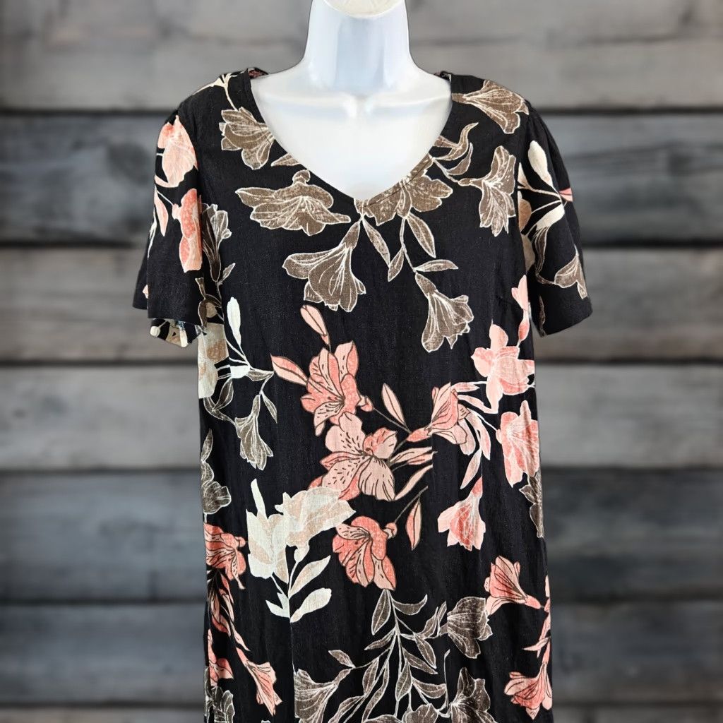 Nicole Miller Nicole Miller Womens Dress L Black Floral Short Sleeve Linen Viscose Short Sleeve Shift 35" Length 21" Width Women Size 36" / US 14 / IT 50 - 1 Thumbnail
