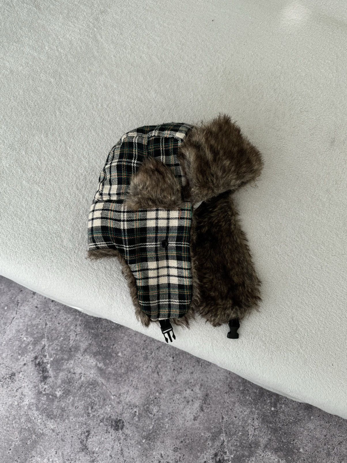 Other Vintage checkered Y2K fuzzy fur ushanka hat Japanese Size ONE SIZE - 1 Thumbnail