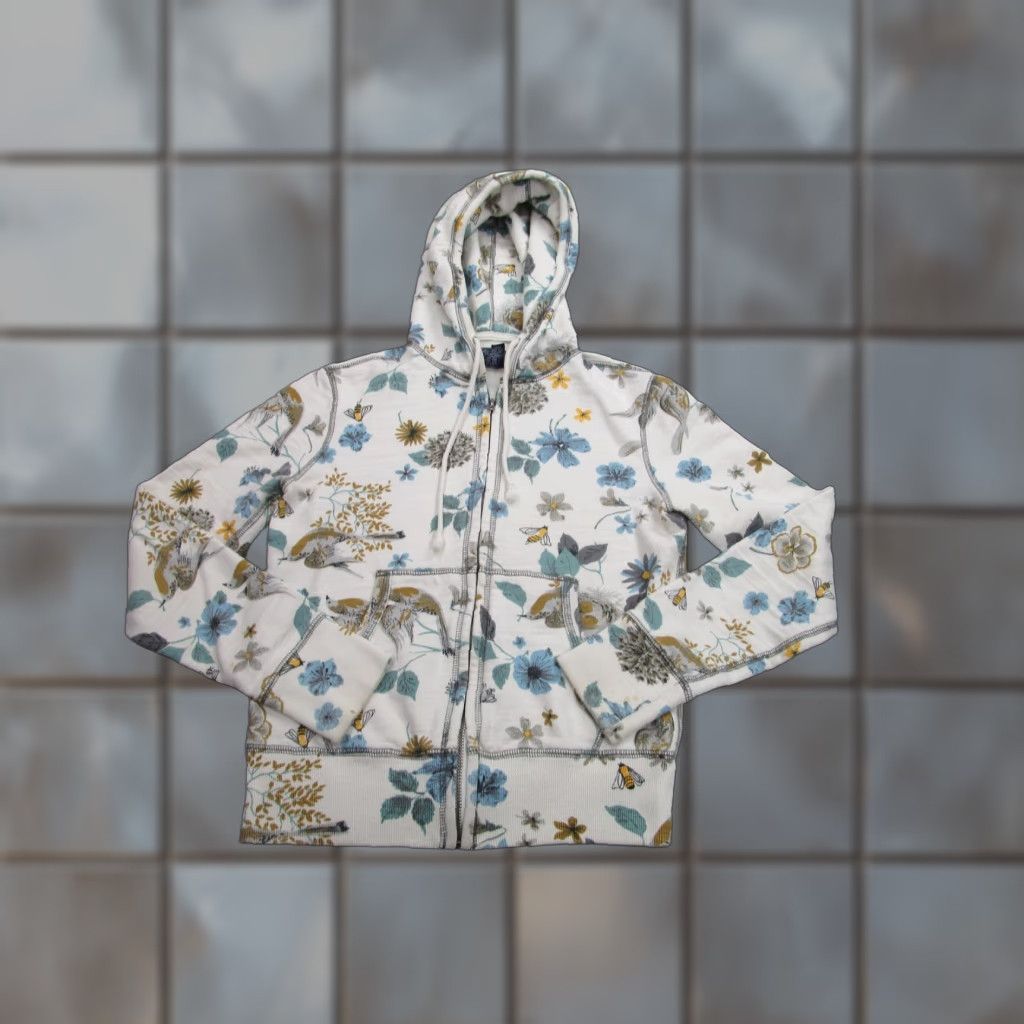Lucky Brand Hoodie Women XS White Floral Birds Allover Print Full Zip Hooded Pockets 100% Cotton Knit Womens