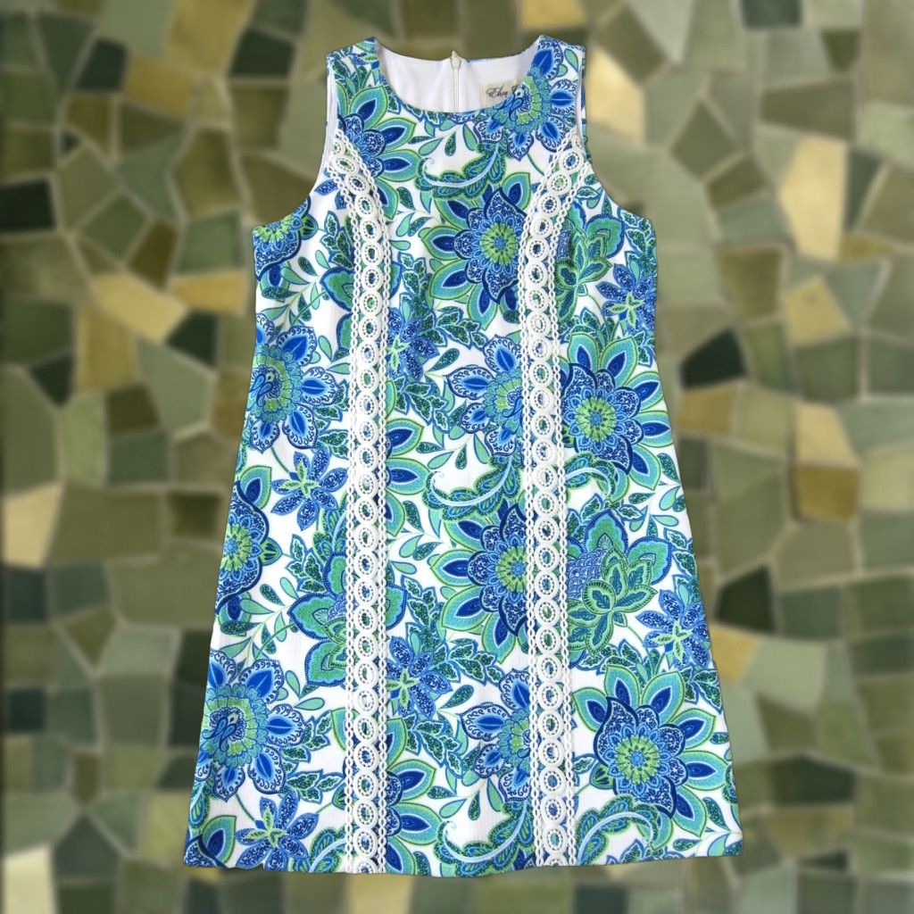 Vintage Eliza J Blue White Green Floral Embroidered Sleeveless Shift Tank Dress Woman 6 Size M / US 6-8 / IT 42-44 - 1 Thumbnail