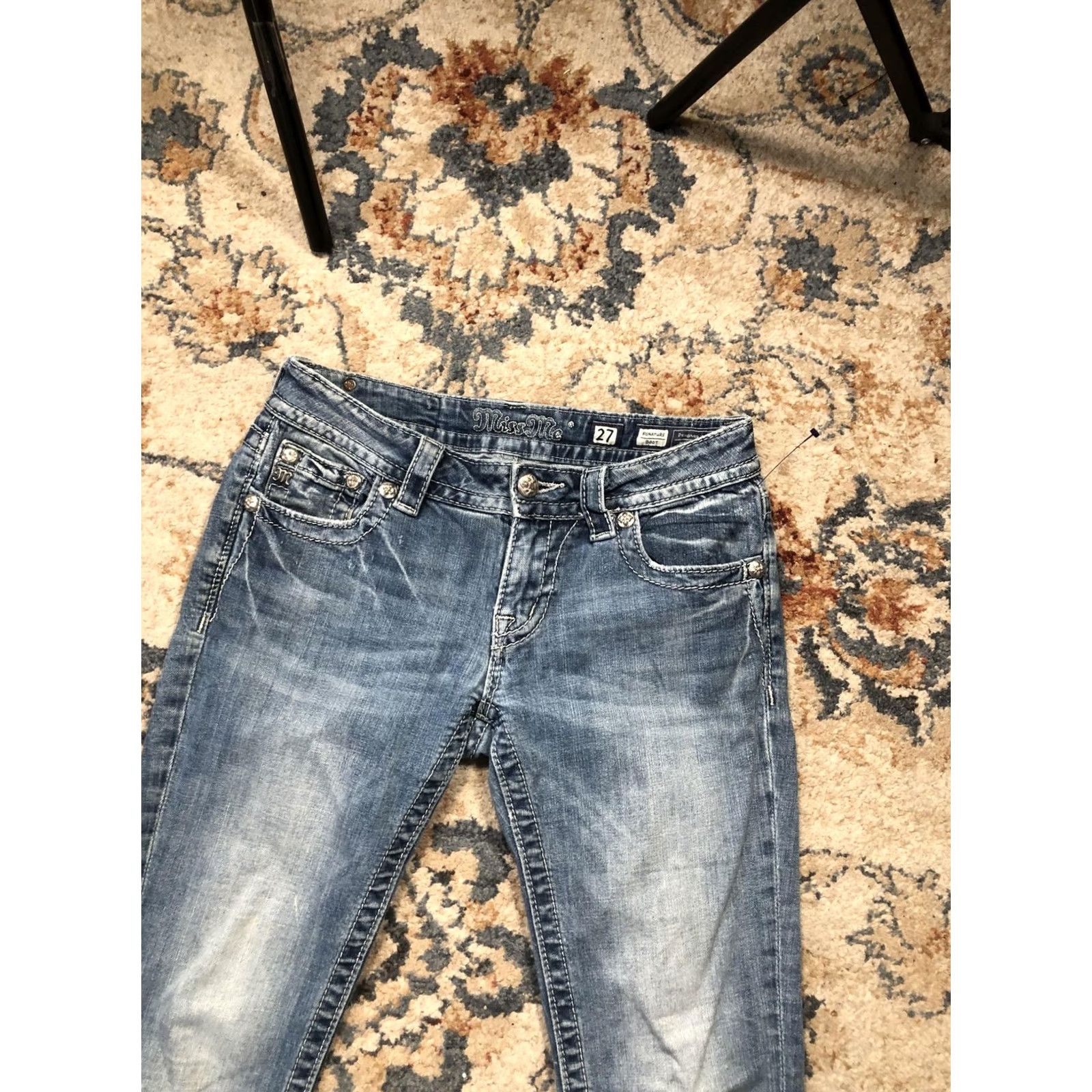 Miss Me Miss Me Jeans Womens 27 Blue Signature Bootcut Denim Back Pockets Embellished Rhinestone Studded Distressed Pockets Light Wash Leather? Size 27" / US 4 / IT 40 - 5 Thumbnail