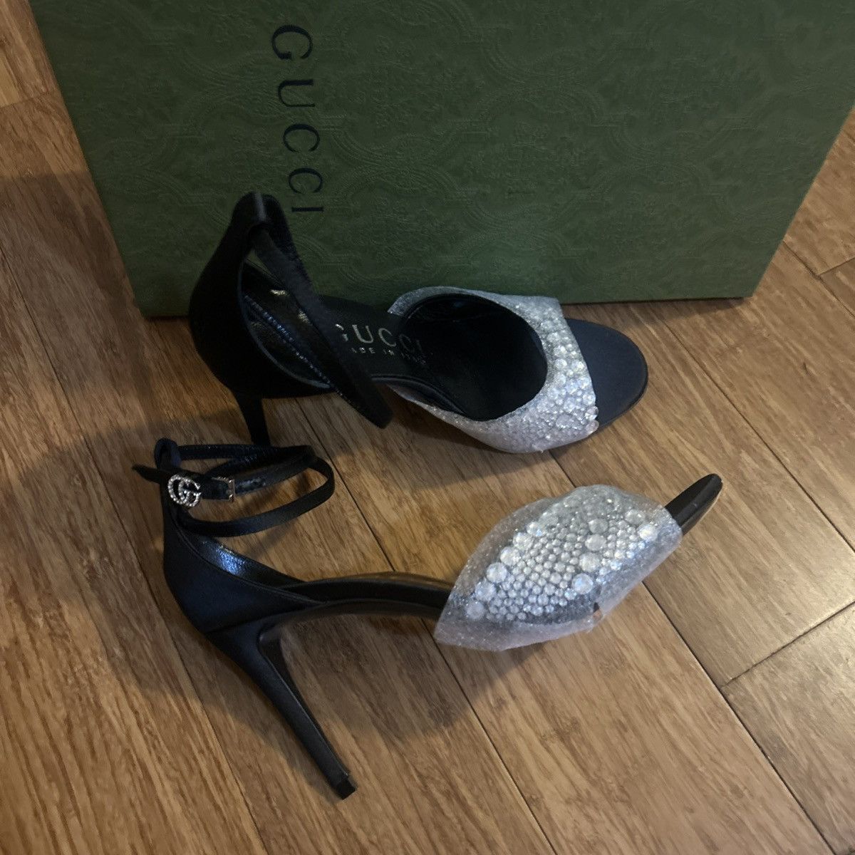 Gucci Gucci GG Crystal Satin Slide Raso Seta Malaga Kid Heel Size US 5.5 / IT 35.5 - 7 Thumbnail