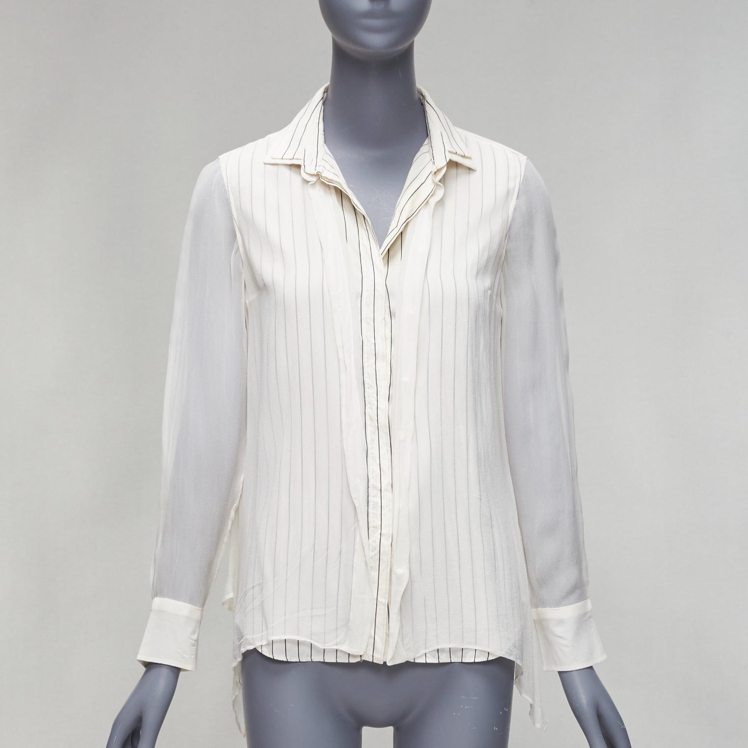 image of Brunello Cucinelli 100% Silk Cream Grey Layered Panels Sheer Shirt Xs, Women's