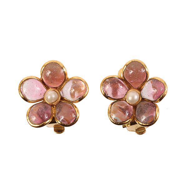 image of Chanel 1999 Made Gripoix Pearl Flower Earrings Pink, Women's