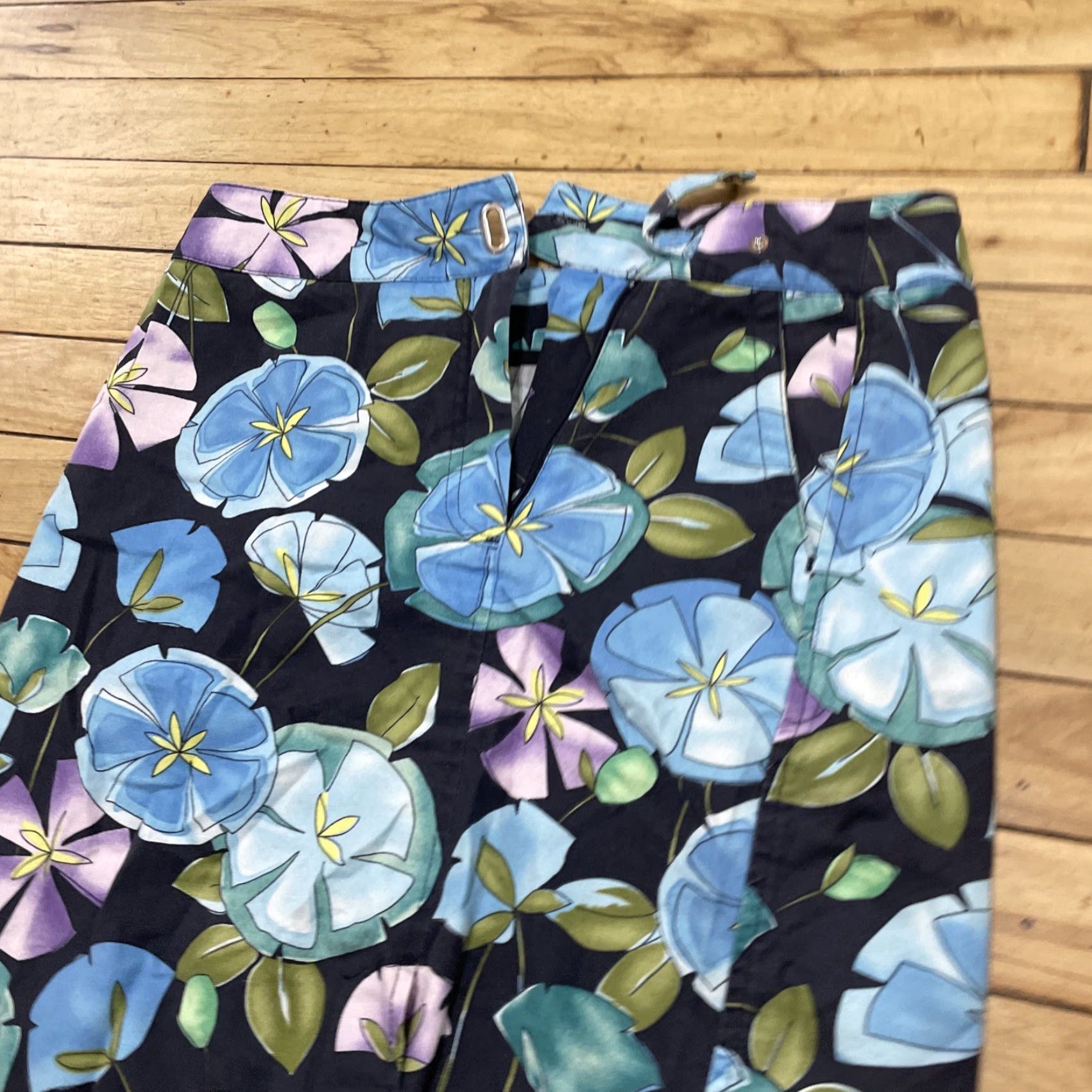 Talbots VINTAGE Talbots Skirt Hawaiian Floral Midi Cotton Canvas Belted Blue Green Black Women 2 Regular Summer Spring Womens Size 26" / US 2 / IT 38 - 5 Thumbnail