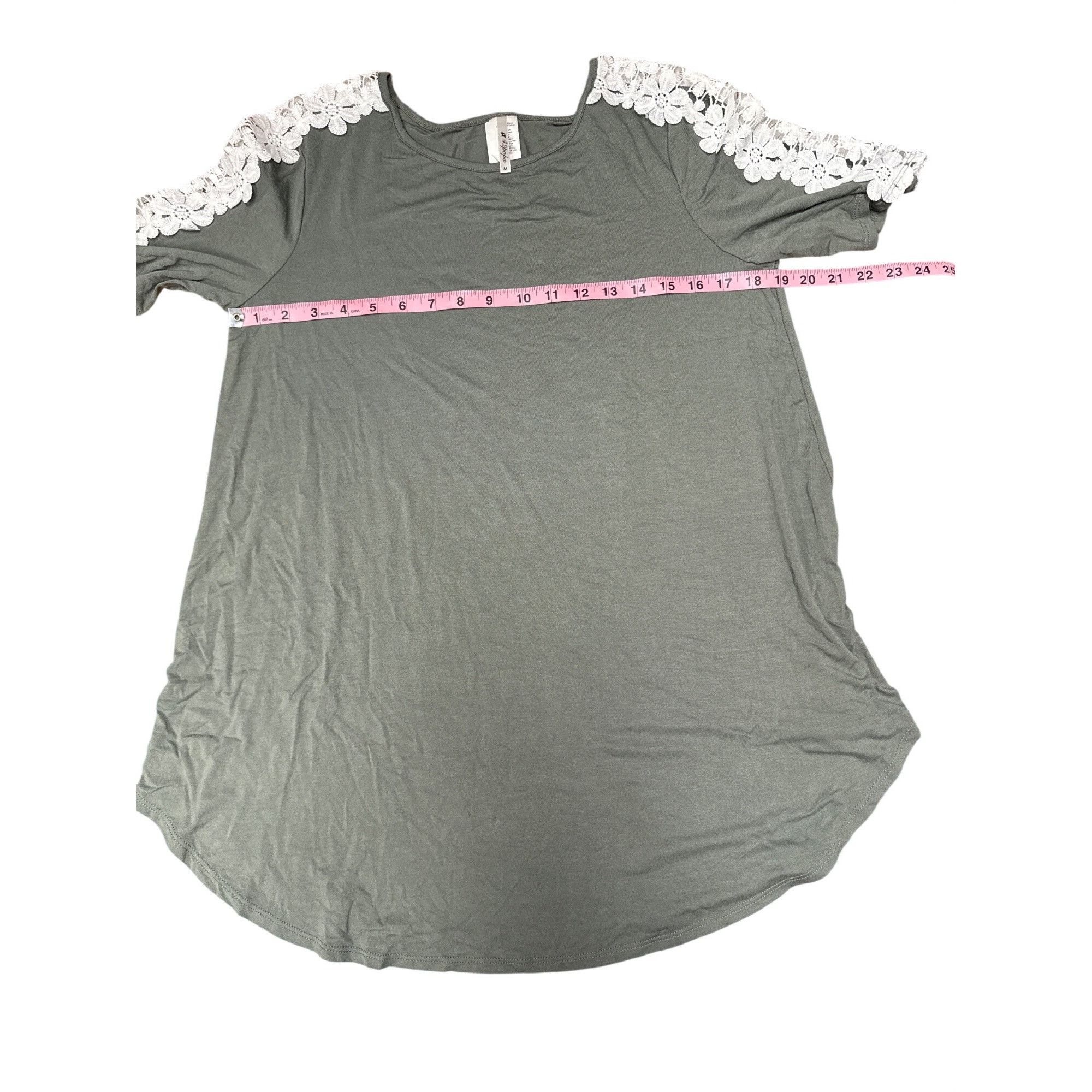 Other Lace Shoulder Olive Green Tunic Top M Short Sleeve Floral Cr Size M / US 6-8 / IT 42-44 - 7 Thumbnail