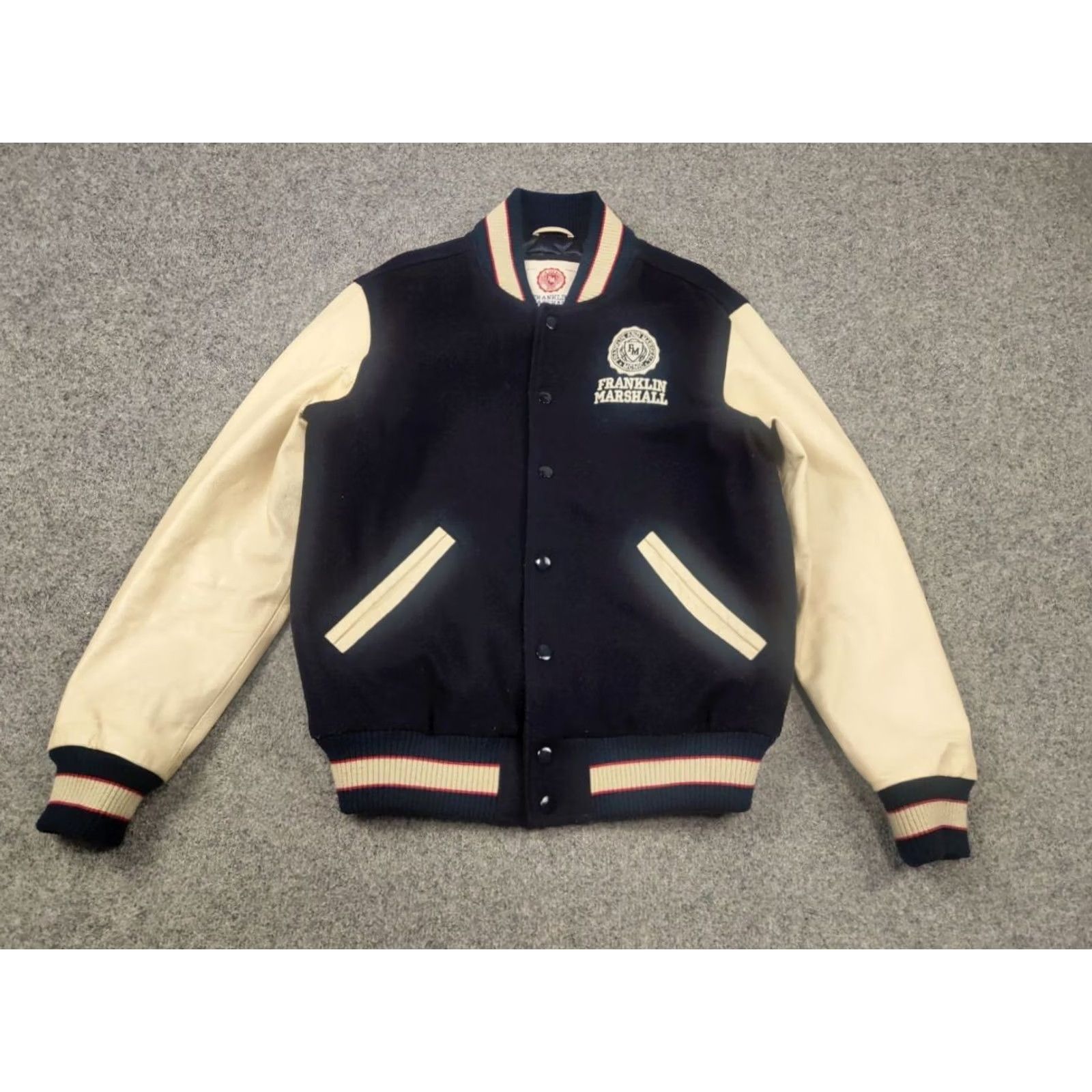 Franklin & Marshall VINTAGE Franklin & Marshall Varsity Logo Navy Wool Leather Bomber Jacket Size US L / EU 52-54 / 3 - 3 Thumbnail